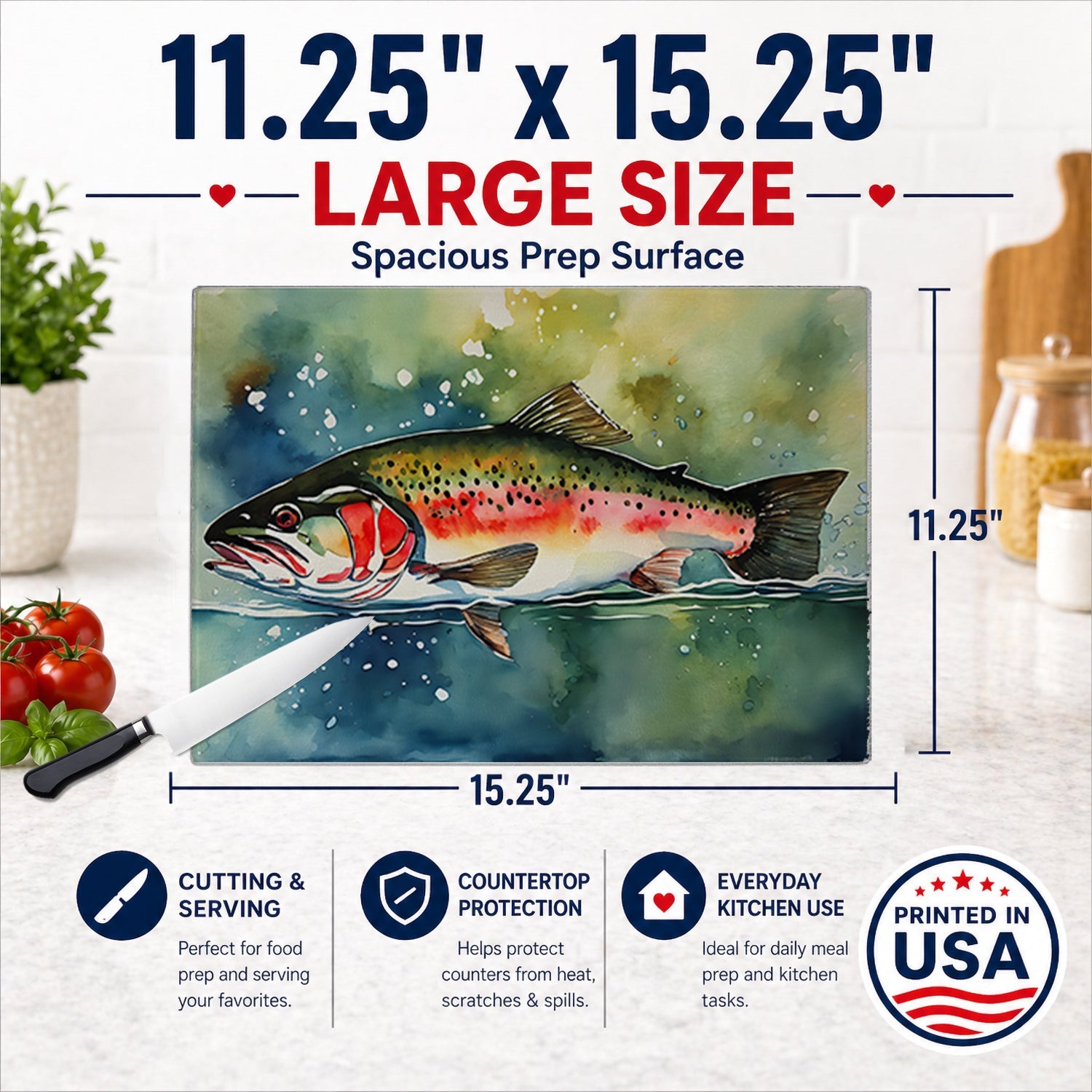 Trout Cutting Board Tempered Glass Kitchen Cutting Surface, Heat Resistant Chopping, Non-Slip Feet, Food Prep & Serving