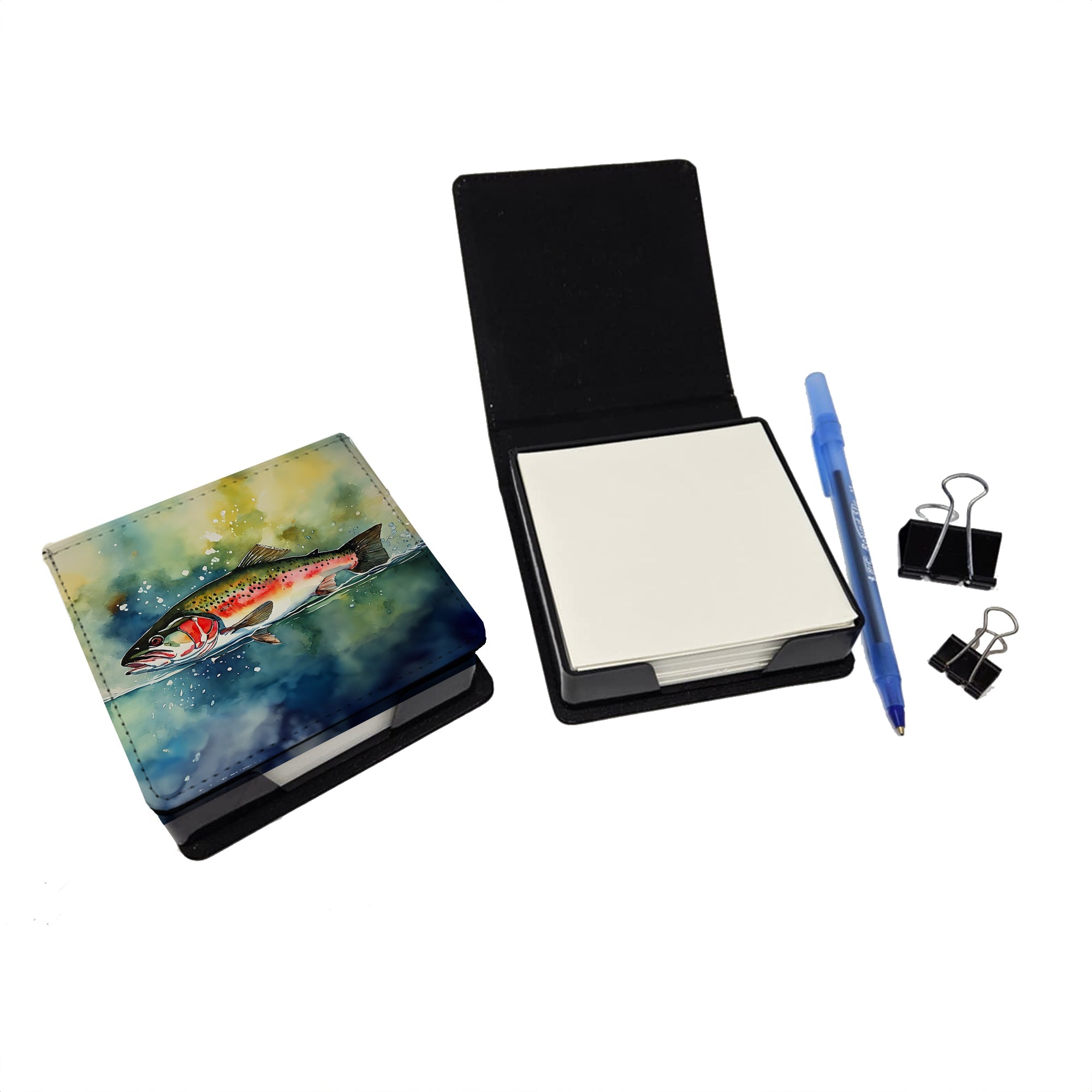 Trout PU Leather Note Paper Holder with Artist-Designed Cover, Desk Accessory, Office Gift