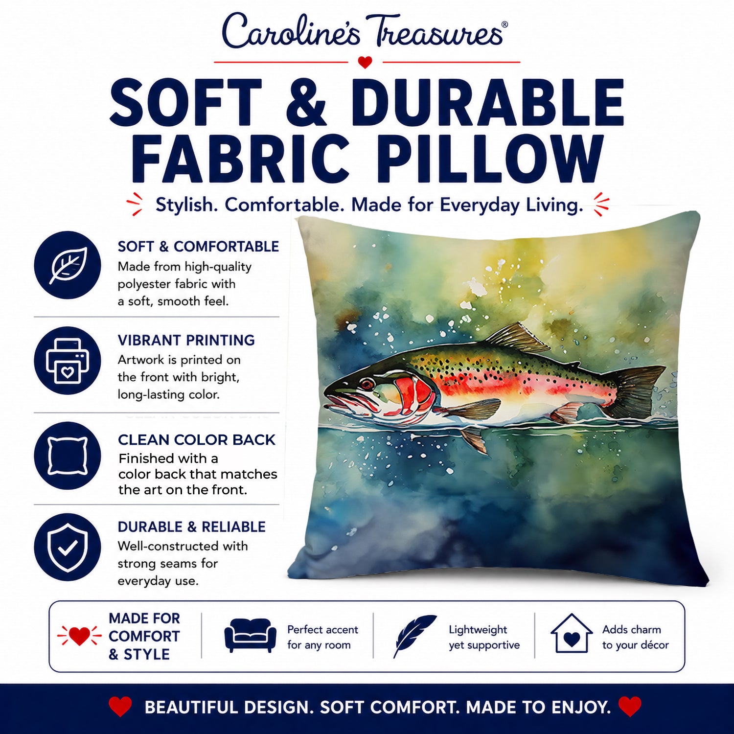 Trout Decorative Throw Pillow 14x14 Indoor Outdoor Accent Cushion, Fabric Cover with Insert for Sofa, Bed, Porch & Living Room