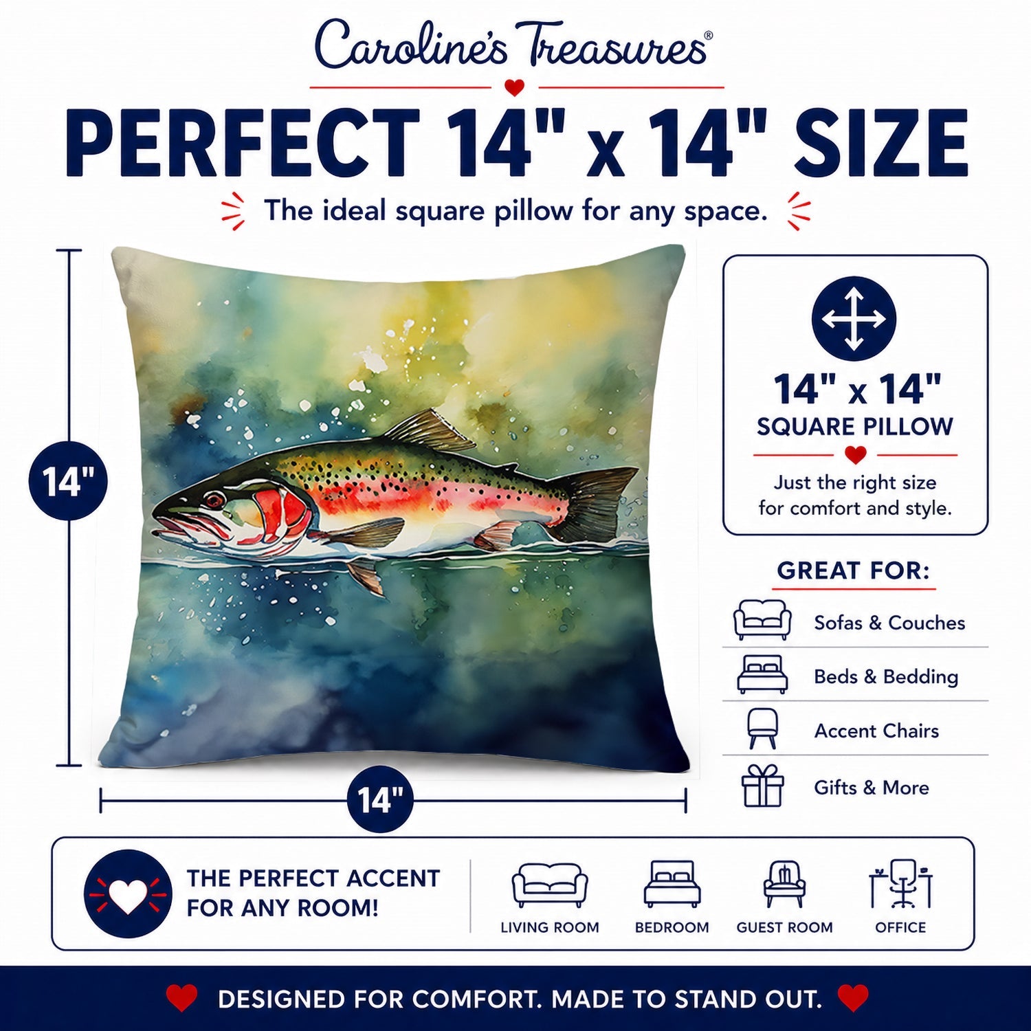 Trout Decorative Throw Pillow 14x14 Indoor Outdoor Accent Cushion, Fabric Cover with Insert for Sofa, Bed, Porch & Living Room