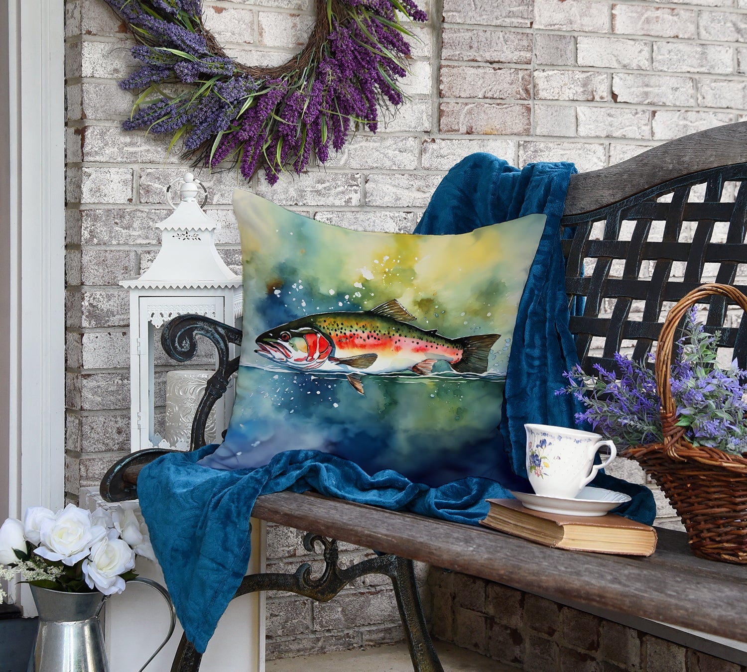 Trout Decorative Throw Pillow 18x18 Indoor Outdoor Accent Cushion, Fabric Cover with Insert for Sofa, Bed, Porch & Living Room