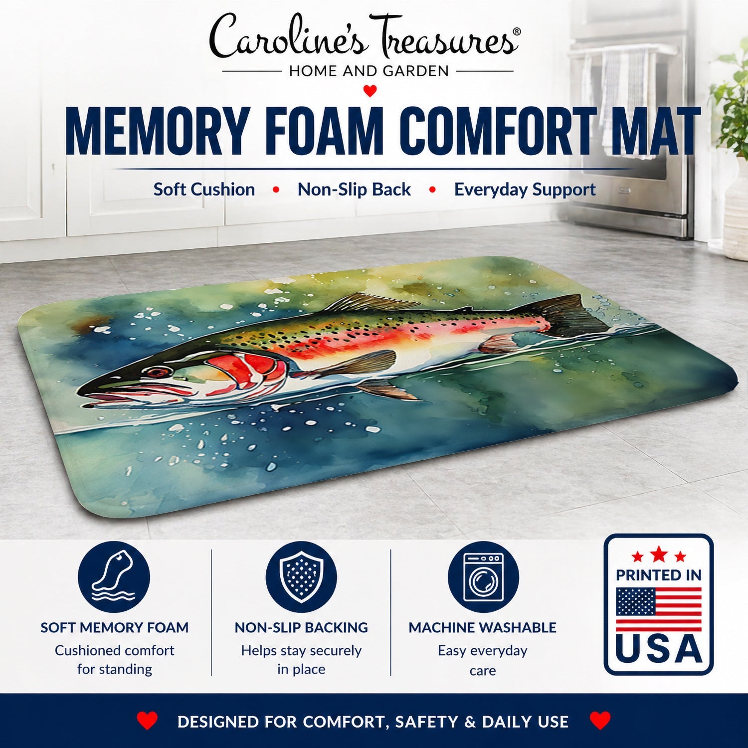 Trout Memory Foam Kitchen Mat Machine Washable Anti-Fatigue Cushion Comfort Bath or Kitchen Rug