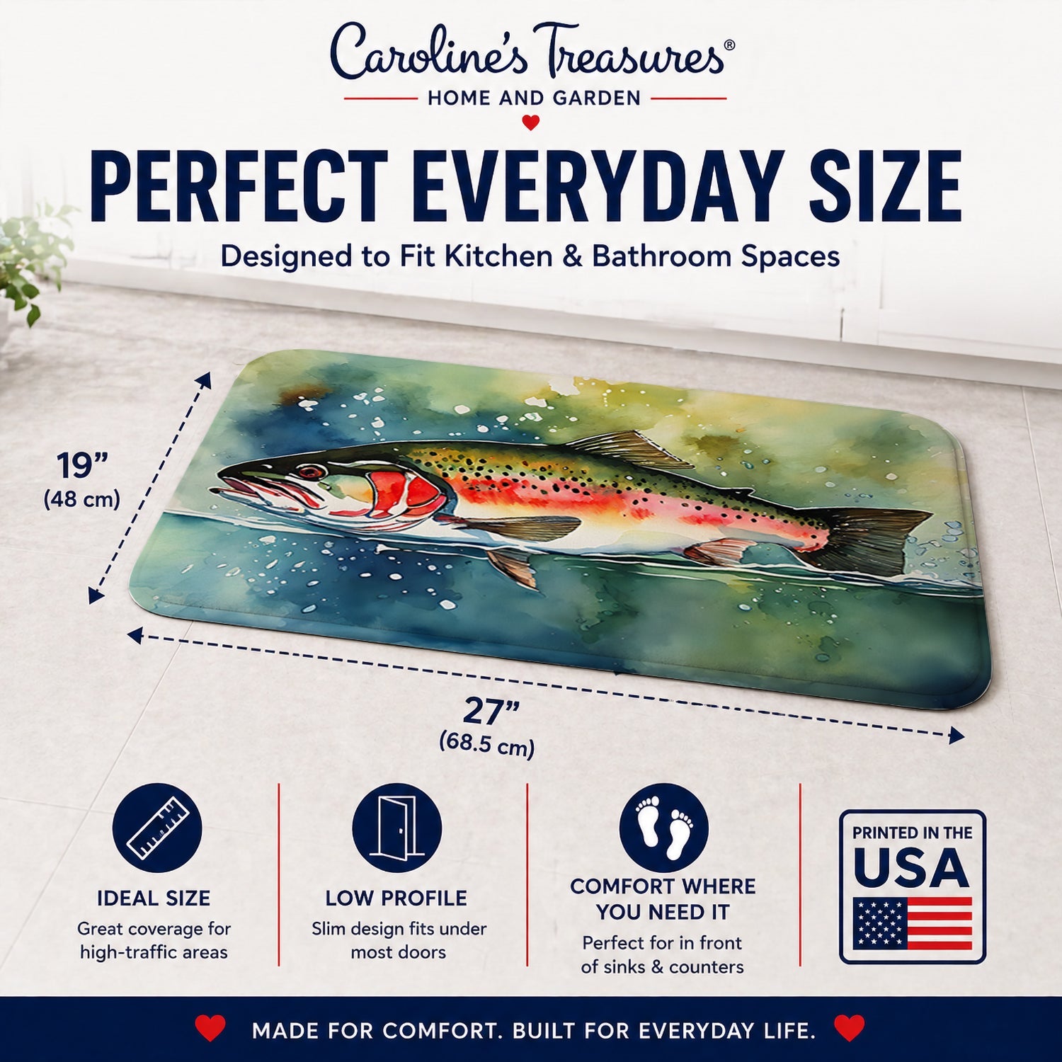 Trout Memory Foam Kitchen Mat Machine Washable Anti-Fatigue Cushion Comfort Bath or Kitchen Rug