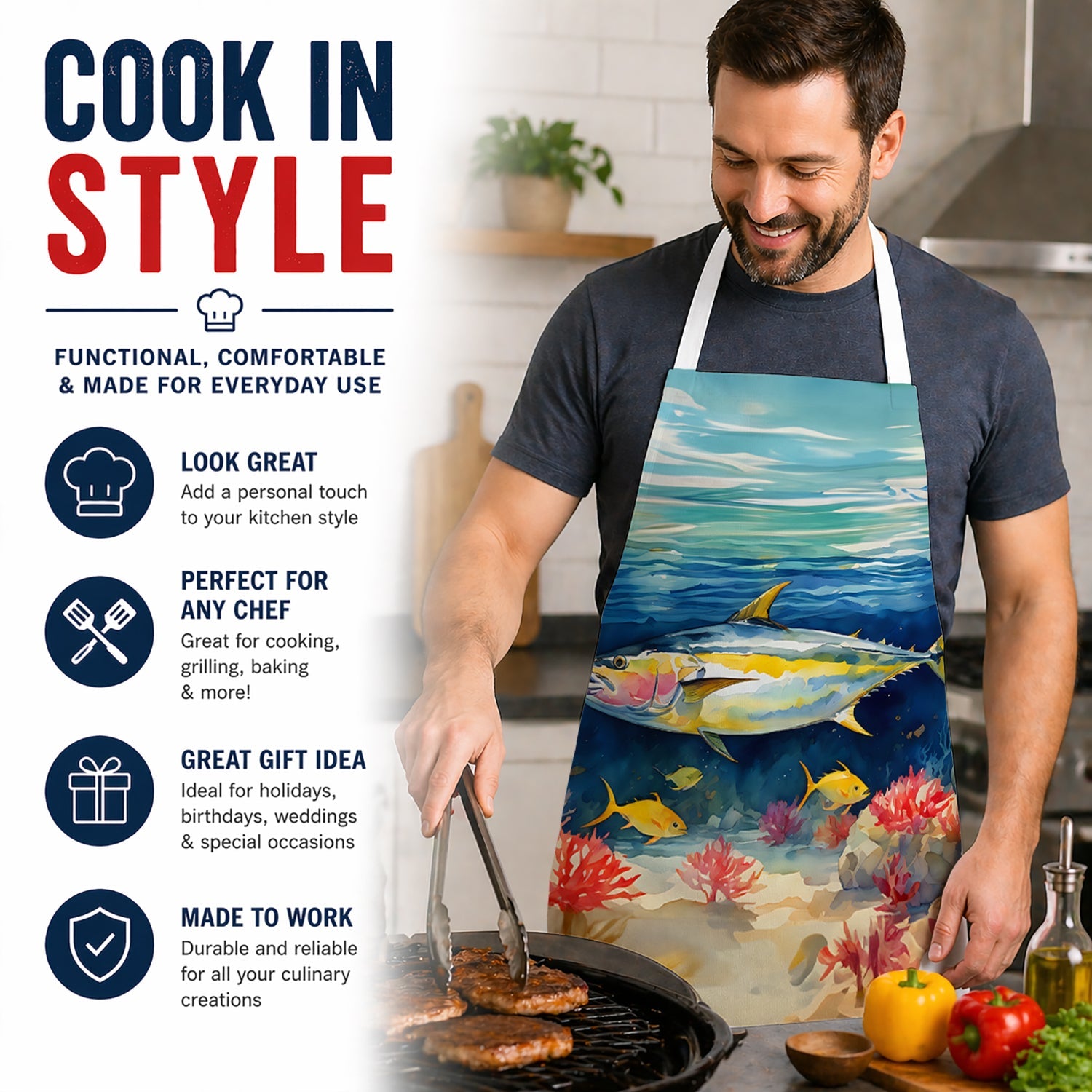 Yellowfin Tuna Apron Cooking Kitchen Server Baking Crafts Gardening for Adult Women Men, Unisex, Large, Multicolor