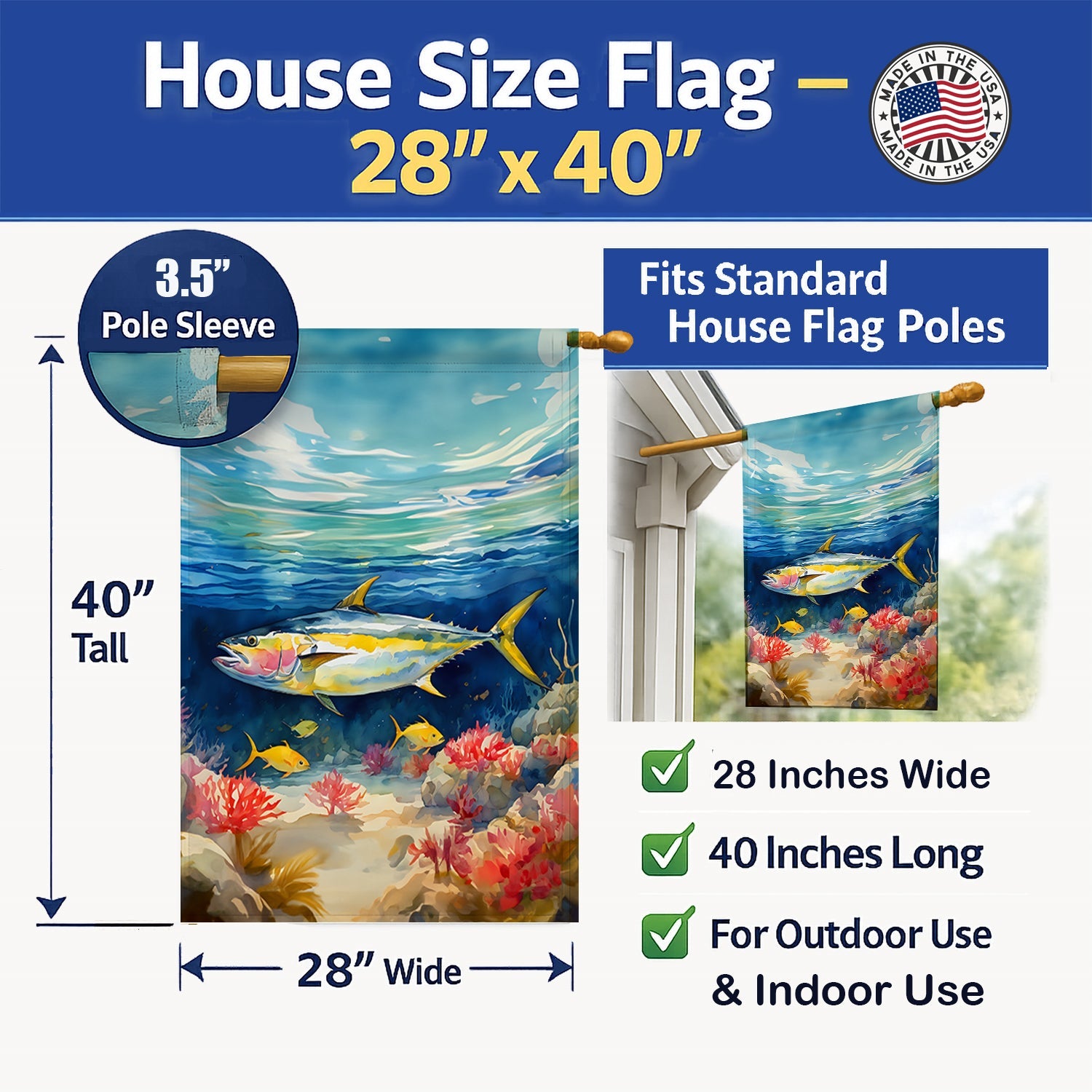 Yellowfin Tuna House Flag 28x40 Porch Sleeve Pole Decorative Outside Yard Banner Artwork Wall Hanging, Polyester