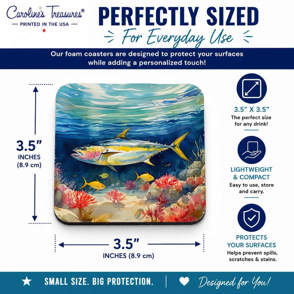Yellowfin Tuna Foam Coasters Set of 4 Cup Coasters for Indoor Outdoor, Tabletop Protection, Anti Slip, Mouse pad Material
