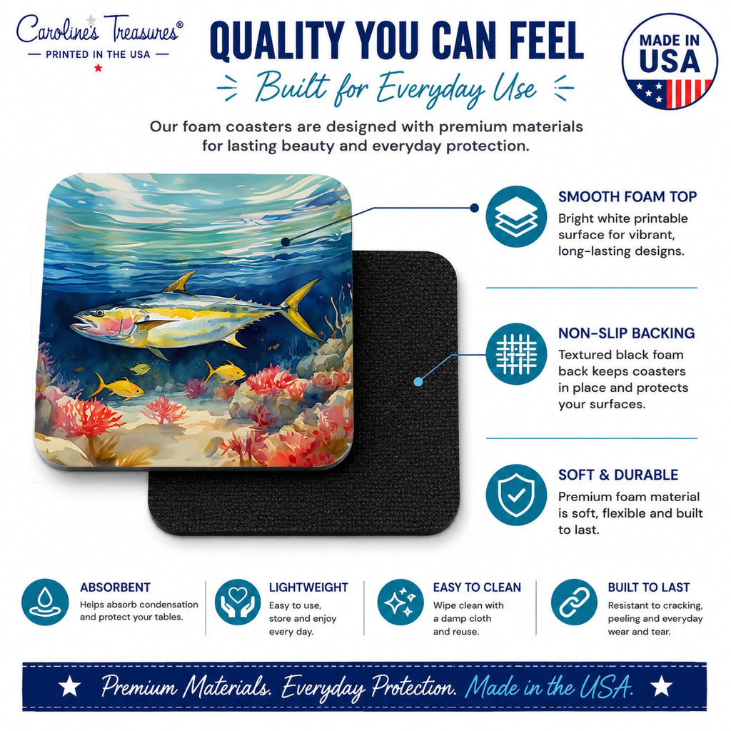 Yellowfin Tuna Foam Coasters Set of 4 Cup Coasters for Indoor Outdoor, Tabletop Protection, Anti Slip, Mouse pad Material