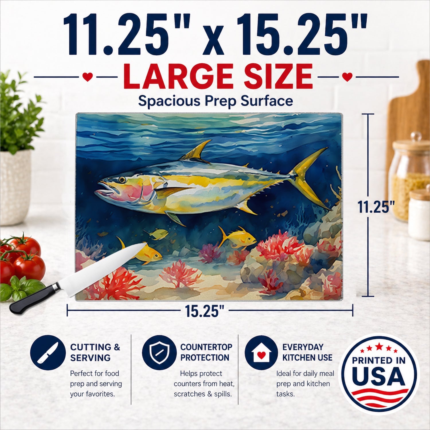 Yellowfin Tuna Cutting Board Tempered Glass Kitchen Cutting Surface, Heat Resistant Chopping, Non-Slip Feet, Food Prep & Serving