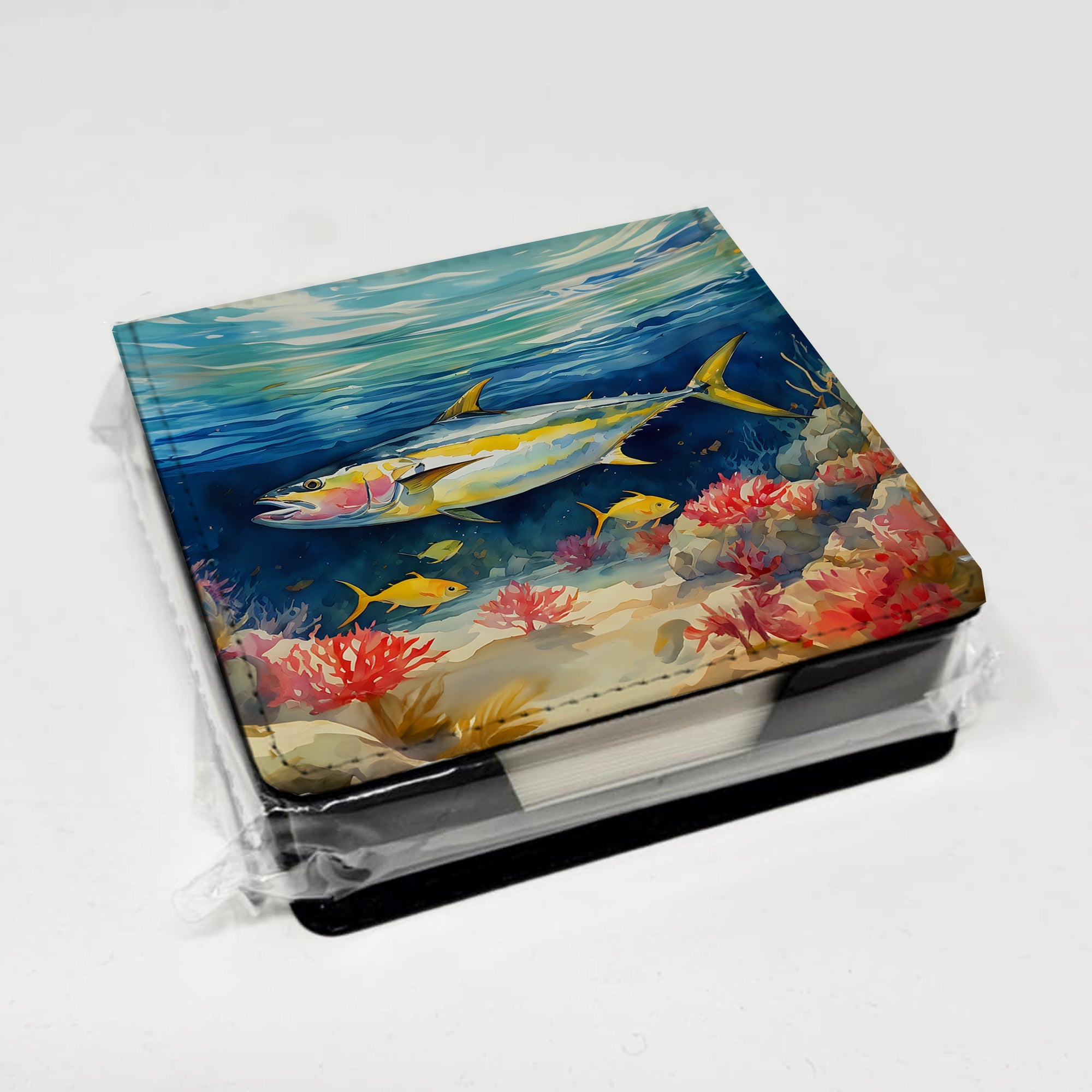 Yellowfin Tuna PU Leather Note Paper Holder with Artist-Designed Cover, Desk Accessory, Office Gift
