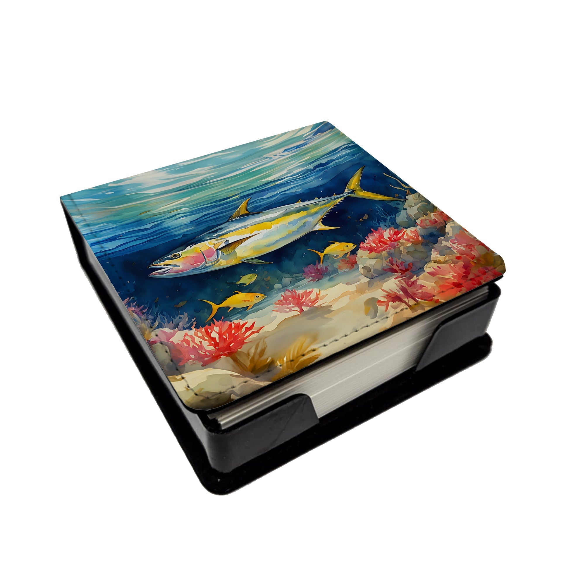 Yellowfin Tuna PU Leather Note Paper Holder with Artist-Designed Cover, Desk Accessory, Office Gift