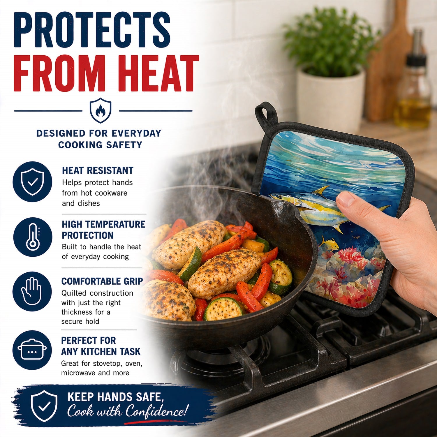 Yellowfin Tuna Pot Holder Set of 2 Heat Resistant Quilted Hot Pads 7.5 x 7.5 Inch, Insulated Kitchen Trivets for Cooking & Baking