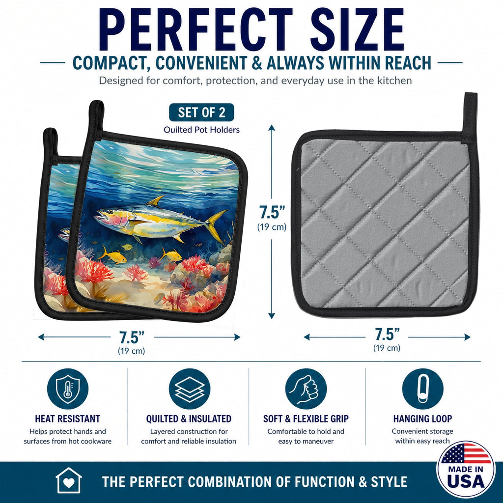 Yellowfin Tuna Pot Holder Set of 2 Heat Resistant Quilted Hot Pads 7.5 x 7.5 Inch, Insulated Kitchen Trivets for Cooking & Baking