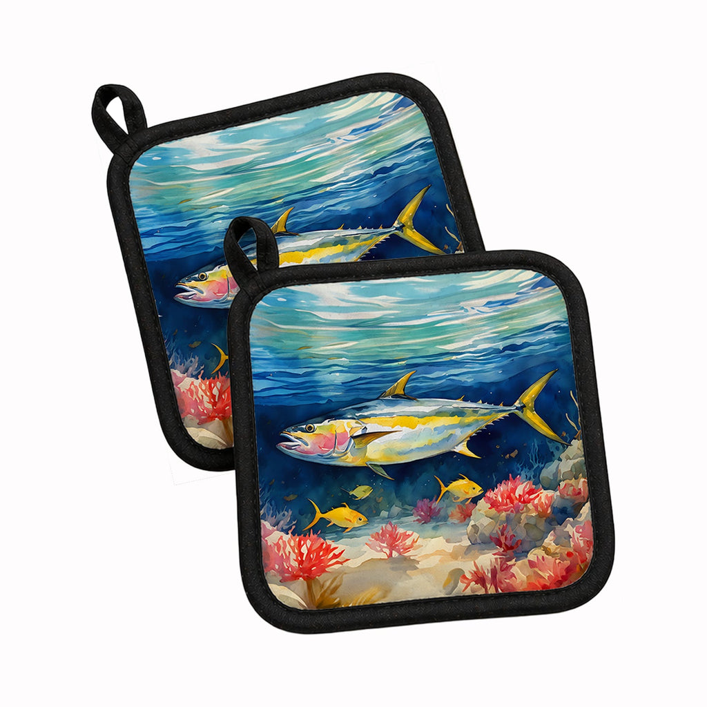 Yellowfin Tuna Pot Holder Set of 2 Heat Resistant Quilted Hot Pads 7.5 x 7.5 Inch, Insulated Kitchen Trivets for Cooking & Baking