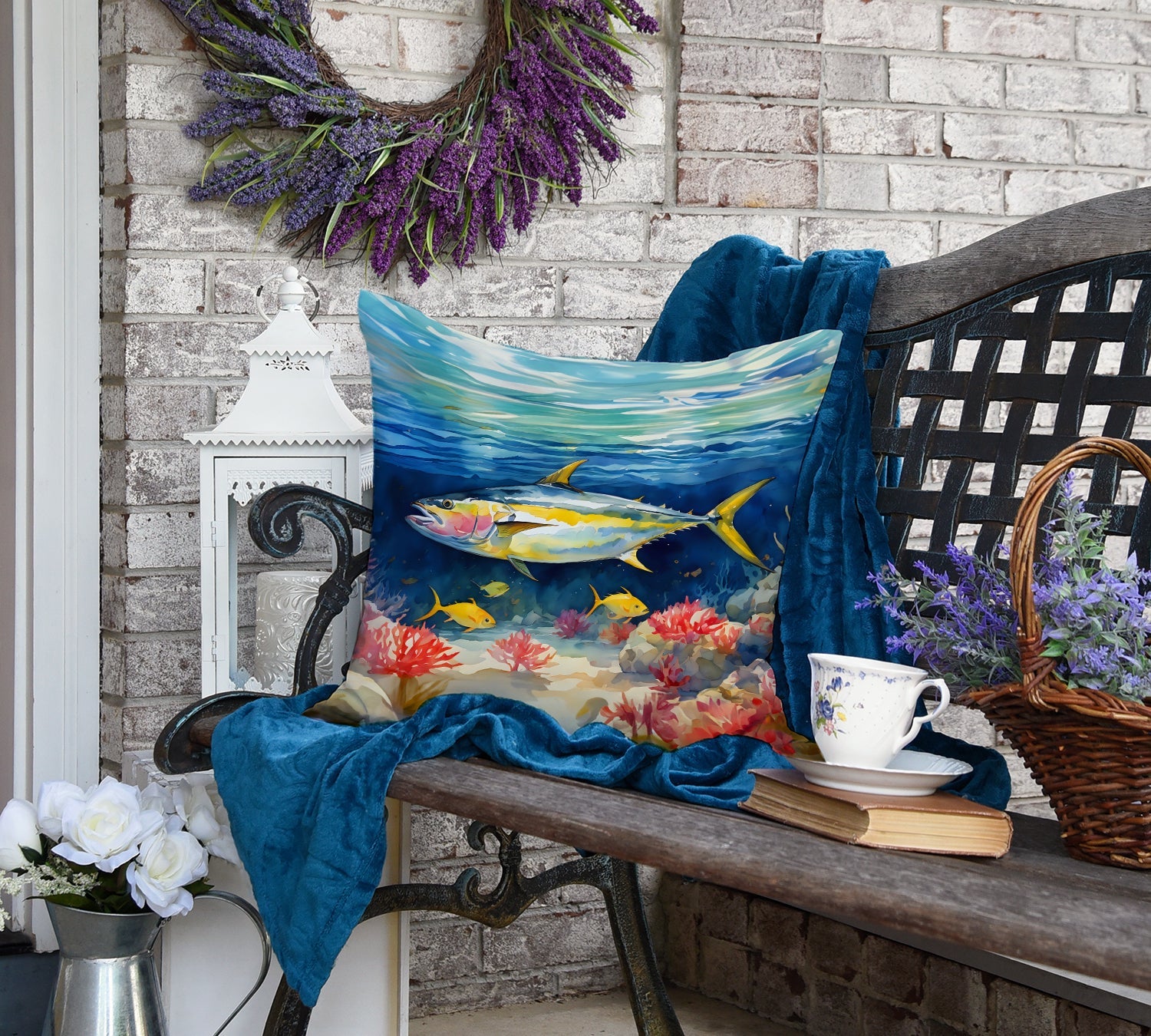 Yellowfin Tuna Decorative Throw Pillow 18x18 Indoor Outdoor Accent Cushion, Fabric Cover with Insert for Sofa, Bed, Porch & Living Room