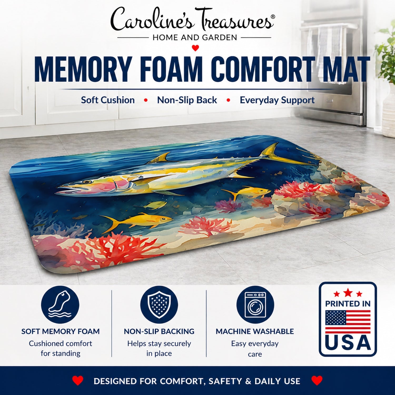 Yellowfin Tuna Memory Foam Kitchen Mat Machine Washable Anti-Fatigue Cushion Comfort Bath or Kitchen Rug