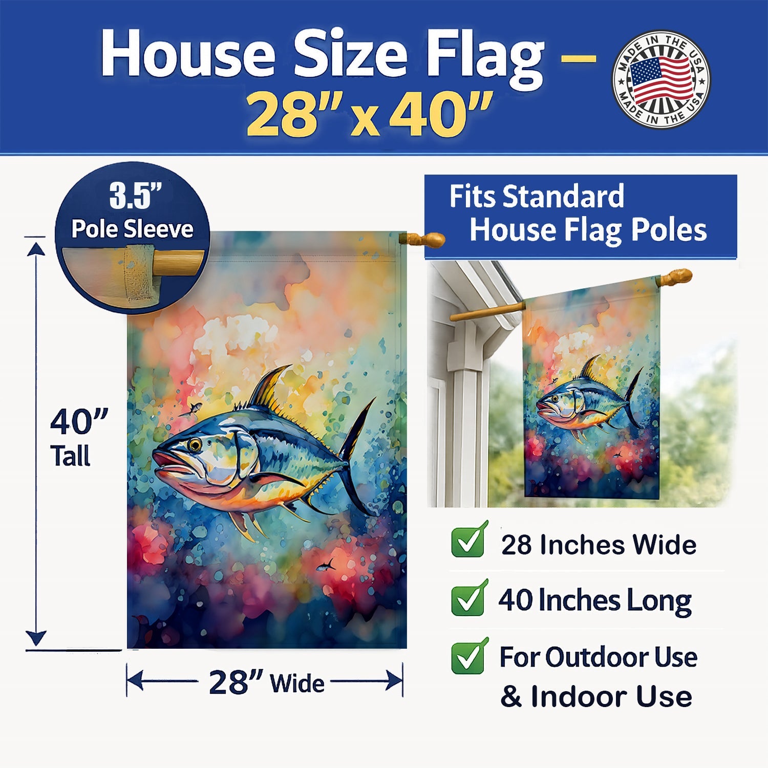 Yellowfin Tuna House Flag 28x40 Porch Sleeve Pole Decorative Outside Yard Banner Artwork Wall Hanging, Polyester
