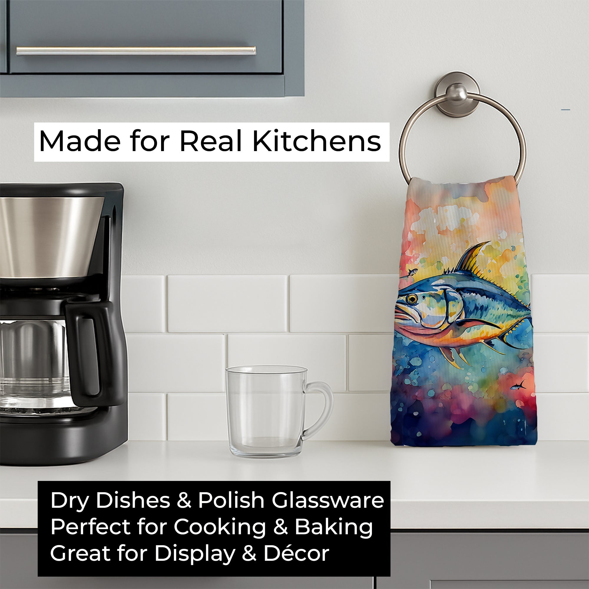 Yellowfin Tuna Kitchen Towel Velour Plush Front and Cotton Loop Back Machine Washable
