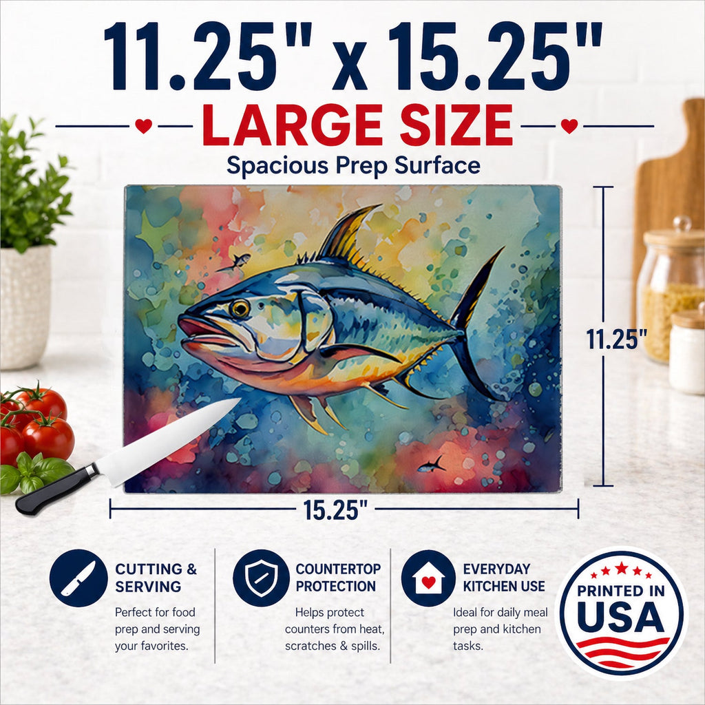 Yellowfin Tuna Cutting Board Tempered Glass Kitchen Cutting Surface, Heat Resistant Chopping, Non-Slip Feet, Food Prep & Serving