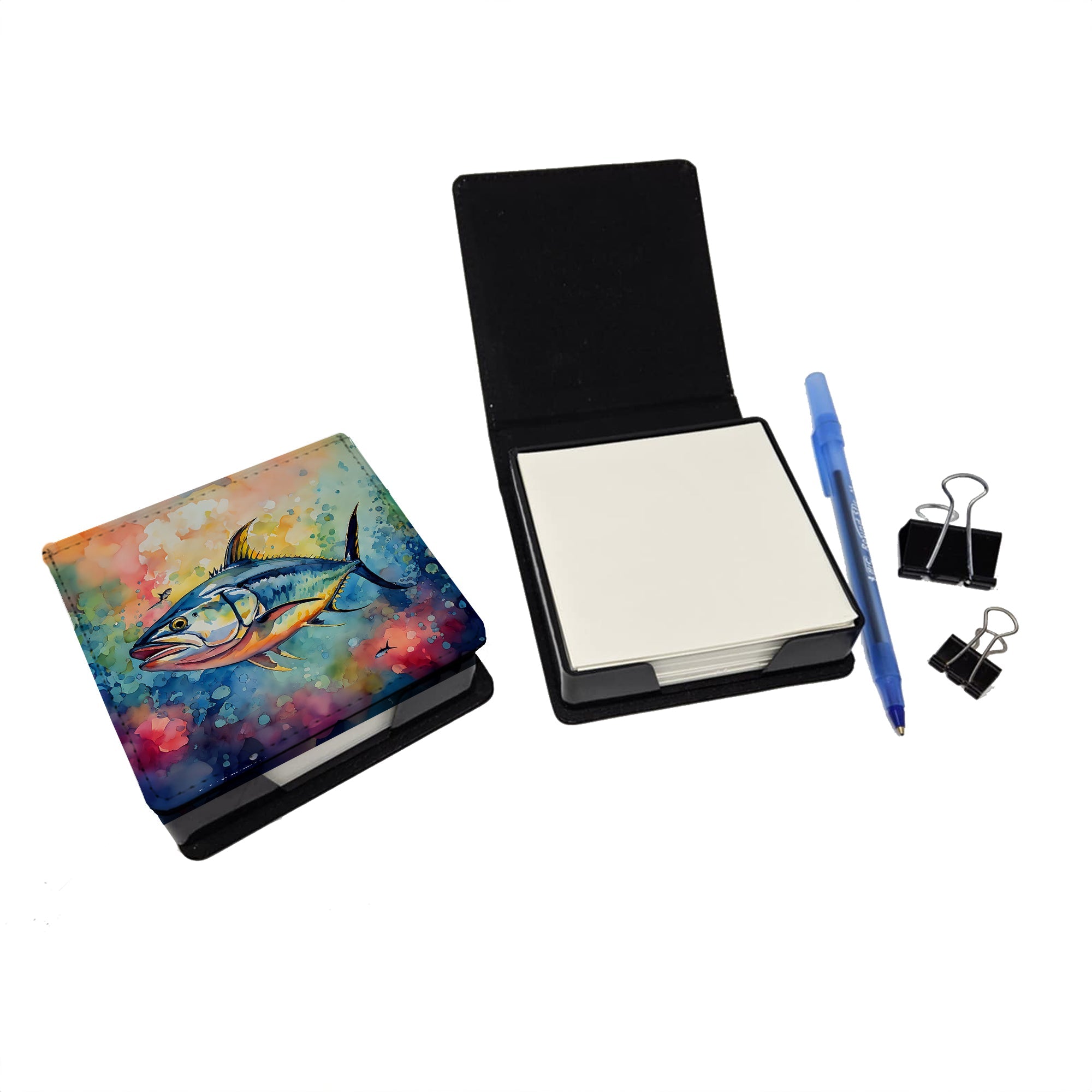 Yellowfin Tuna PU Leather Note Paper Holder with Artist-Designed Cover, Desk Accessory, Office Gift