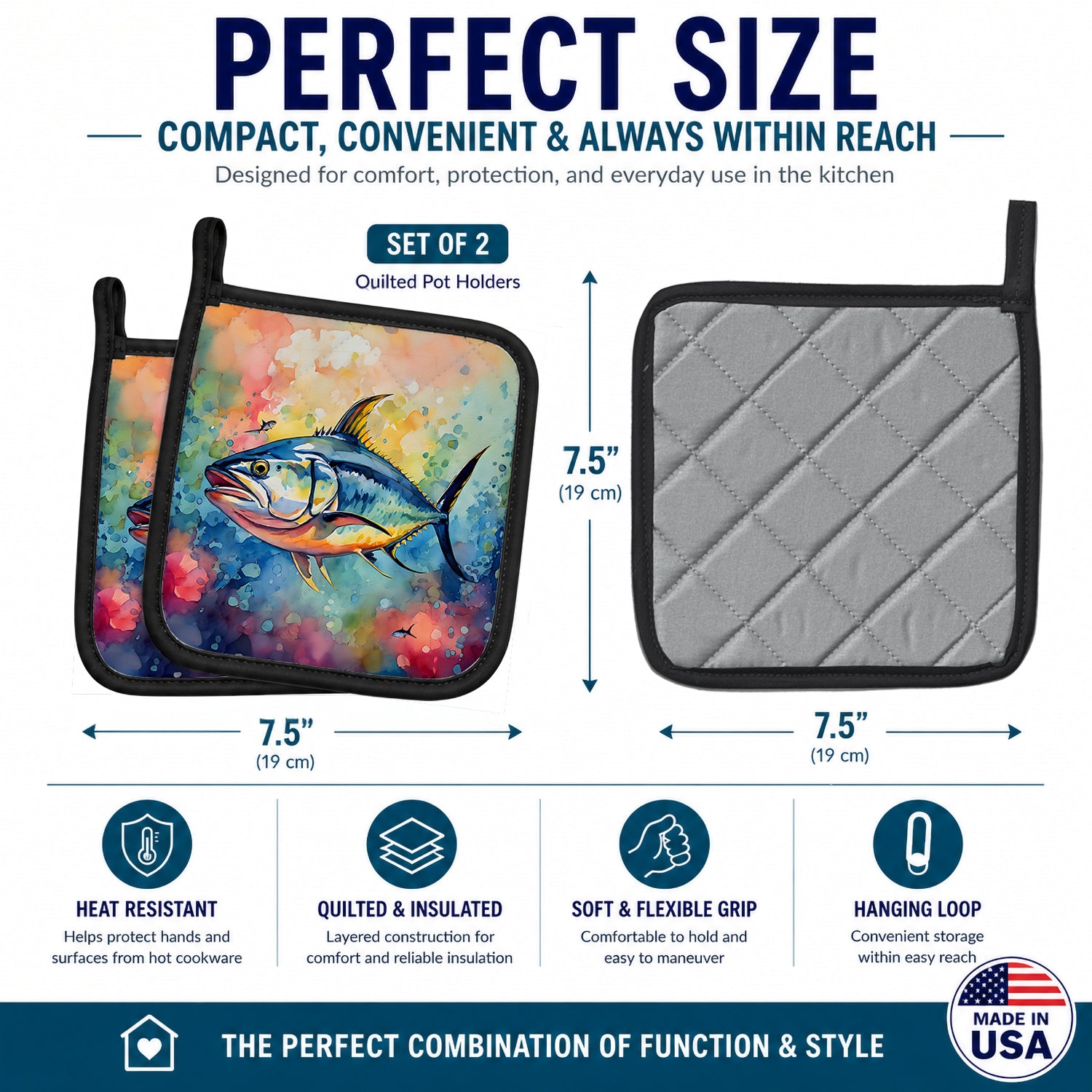 Yellowfin Tuna Pot Holder Set of 2 Heat Resistant Quilted Hot Pads 7.5 x 7.5 Inch, Insulated Kitchen Trivets for Cooking & Baking