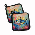 Yellowfin Tuna Pot Holder Set of 2 Heat Resistant Quilted Hot Pads 7.5 x 7.5 Inch, Insulated Kitchen Trivets for Cooking & Baking