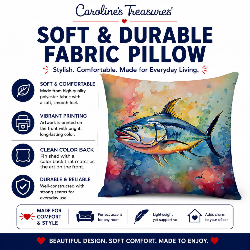 Yellowfin Tuna Decorative Throw Pillow 14x14 Indoor Outdoor Accent Cushion, Fabric Cover with Insert for Sofa, Bed, Porch & Living Room