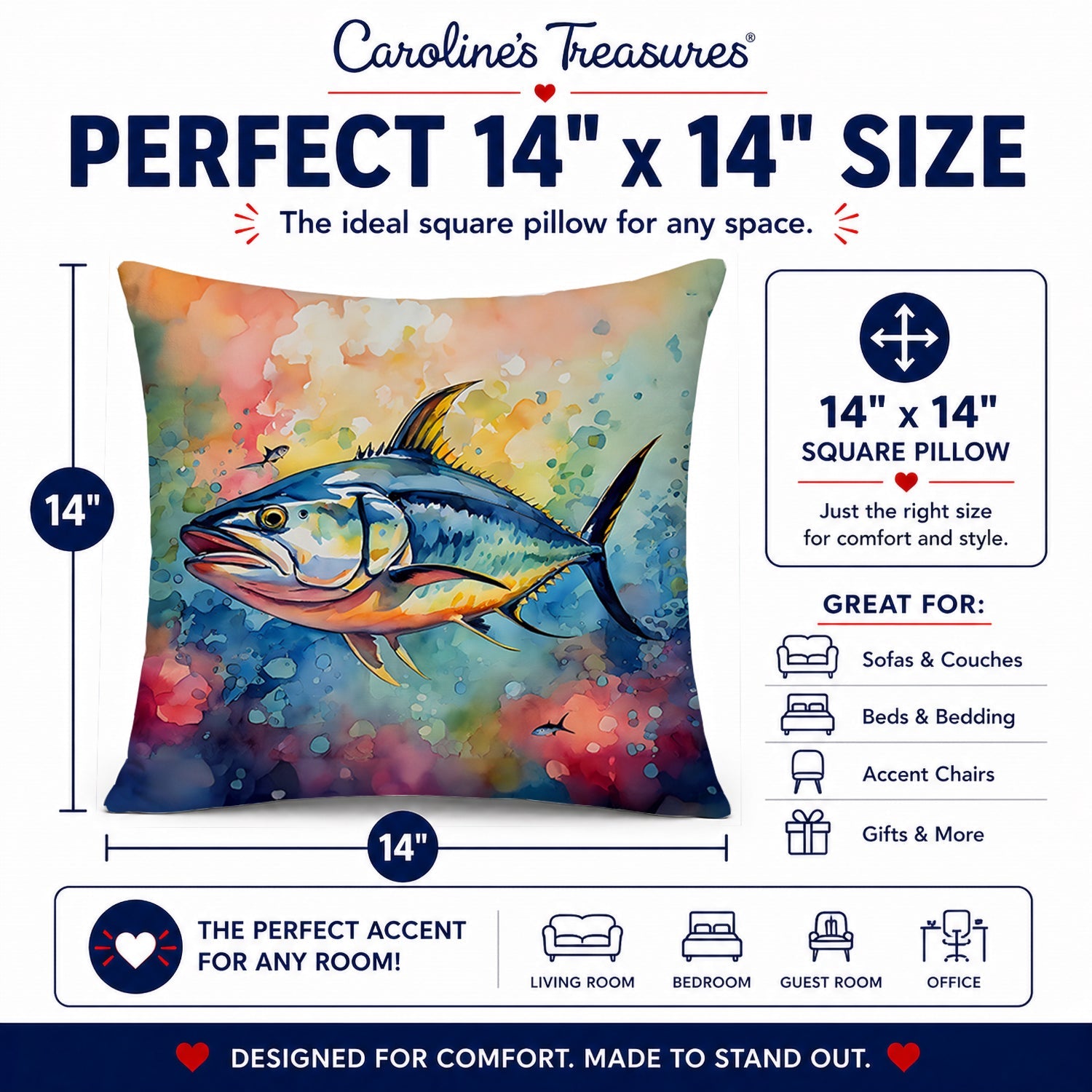 Yellowfin Tuna Decorative Throw Pillow 14x14 Indoor Outdoor Accent Cushion, Fabric Cover with Insert for Sofa, Bed, Porch & Living Room