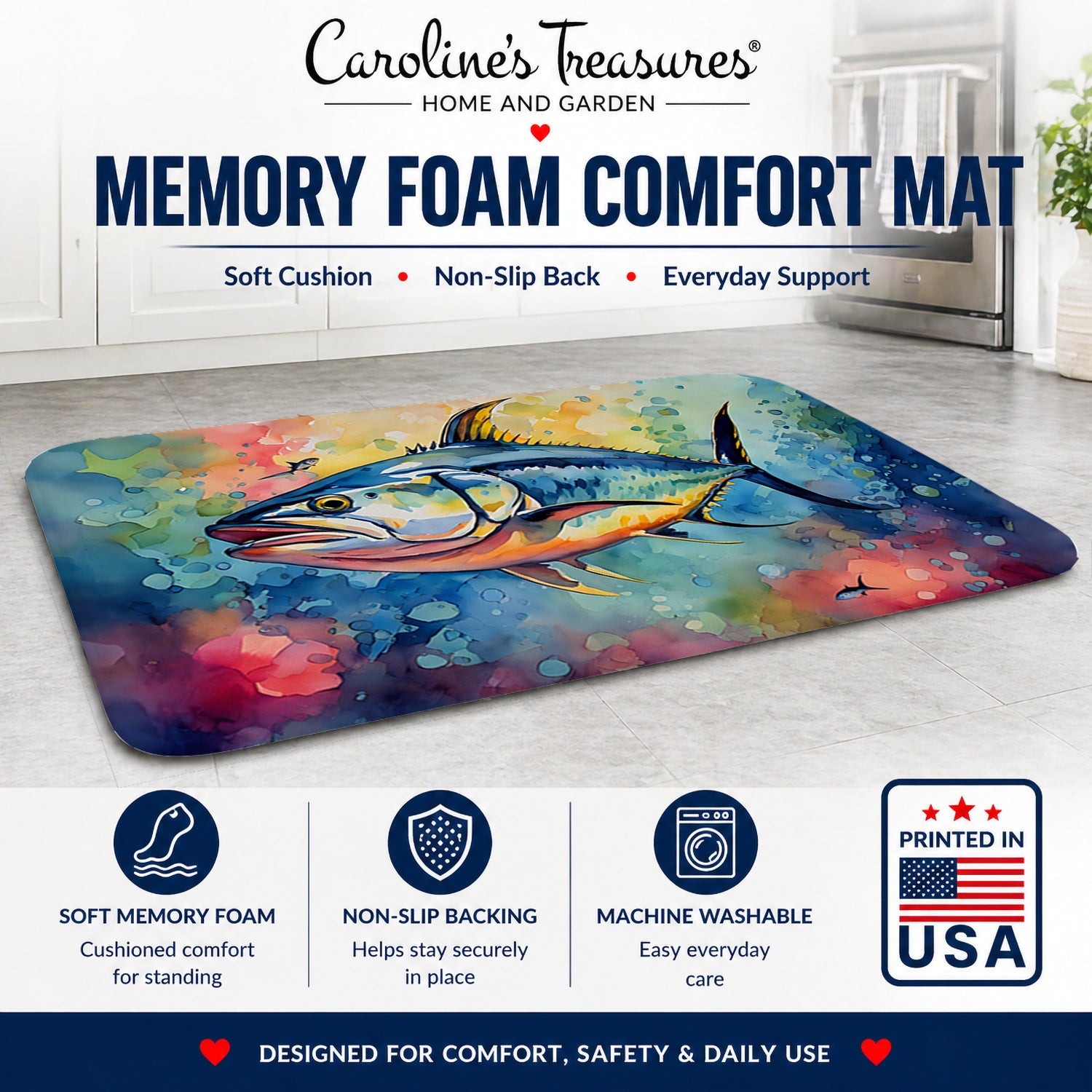 Yellowfin Tuna Memory Foam Kitchen Mat Machine Washable Anti-Fatigue Cushion Comfort Bath or Kitchen Rug