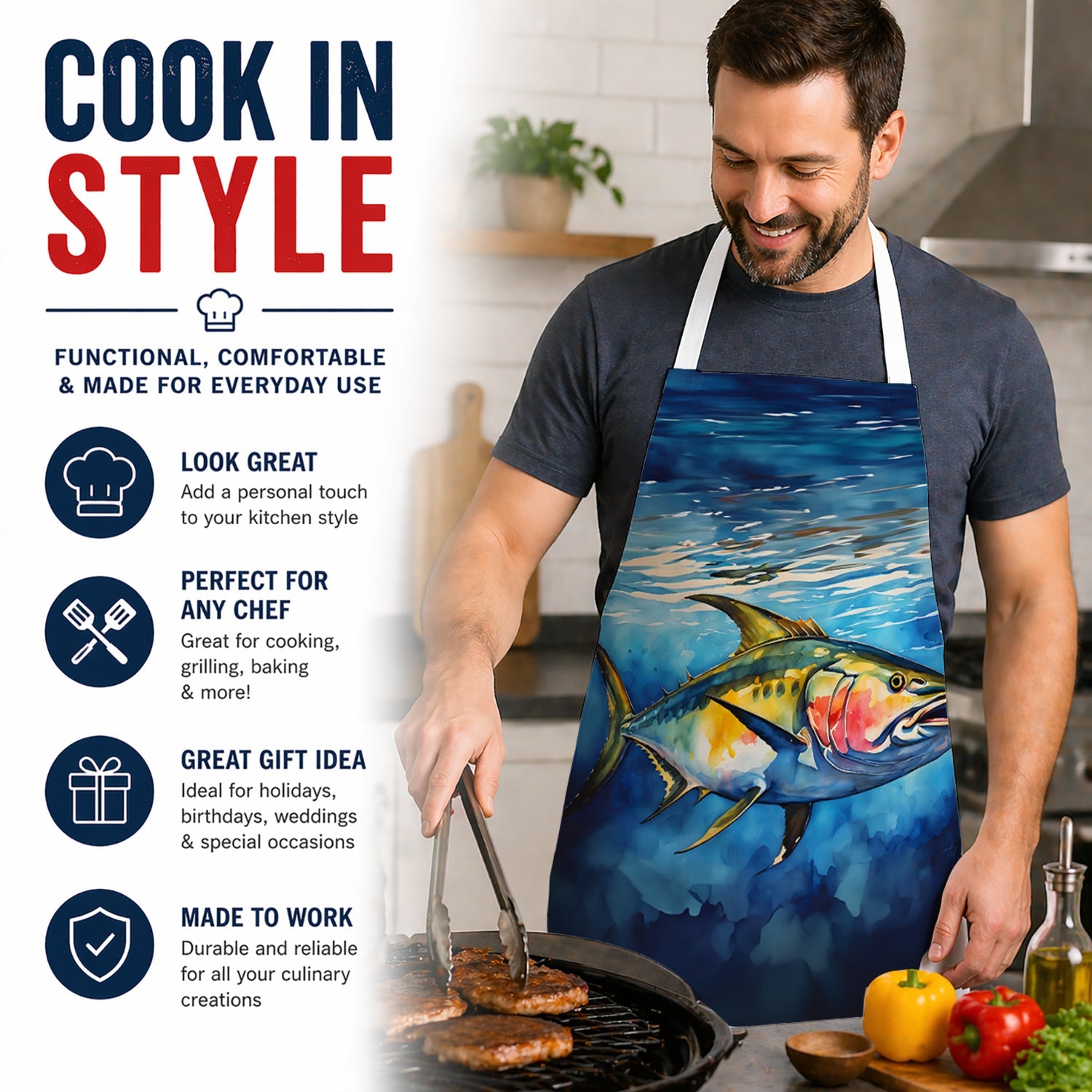 Yellowfin Tuna Apron Cooking Kitchen Server Baking Crafts Gardening for Adult Women Men, Unisex, Large, Multicolor