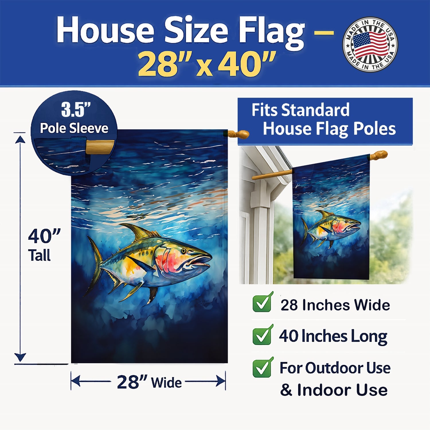 Yellowfin Tuna House Flag 28x40 Porch Sleeve Pole Decorative Outside Yard Banner Artwork Wall Hanging, Polyester