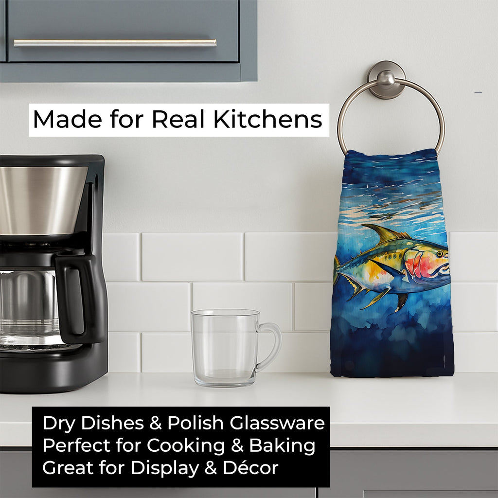 Yellowfin Tuna Kitchen Towel Velour Plush Front and Cotton Loop Back Machine Washable
