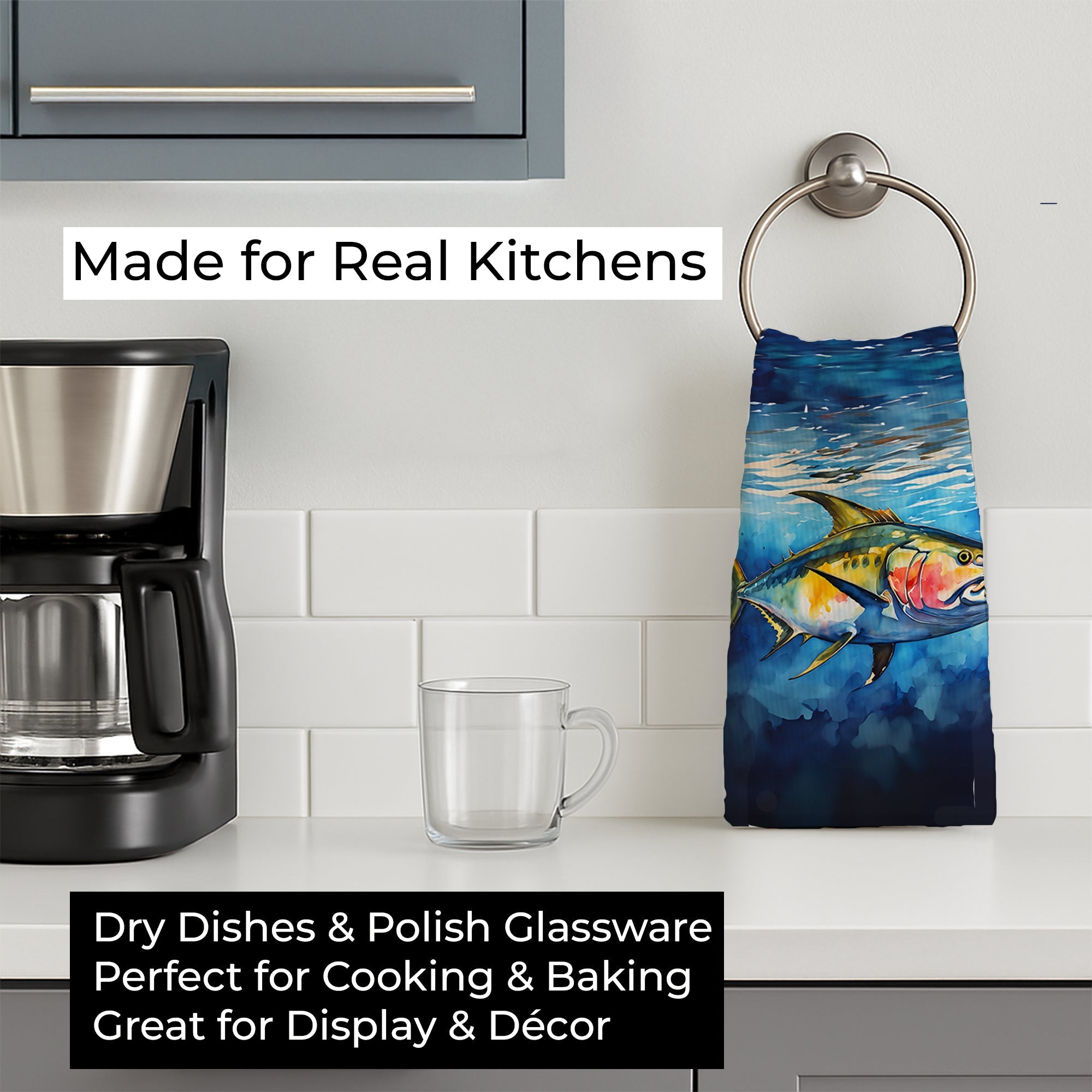 Yellowfin Tuna Kitchen Towel Velour Plush Front and Cotton Loop Back Machine Washable