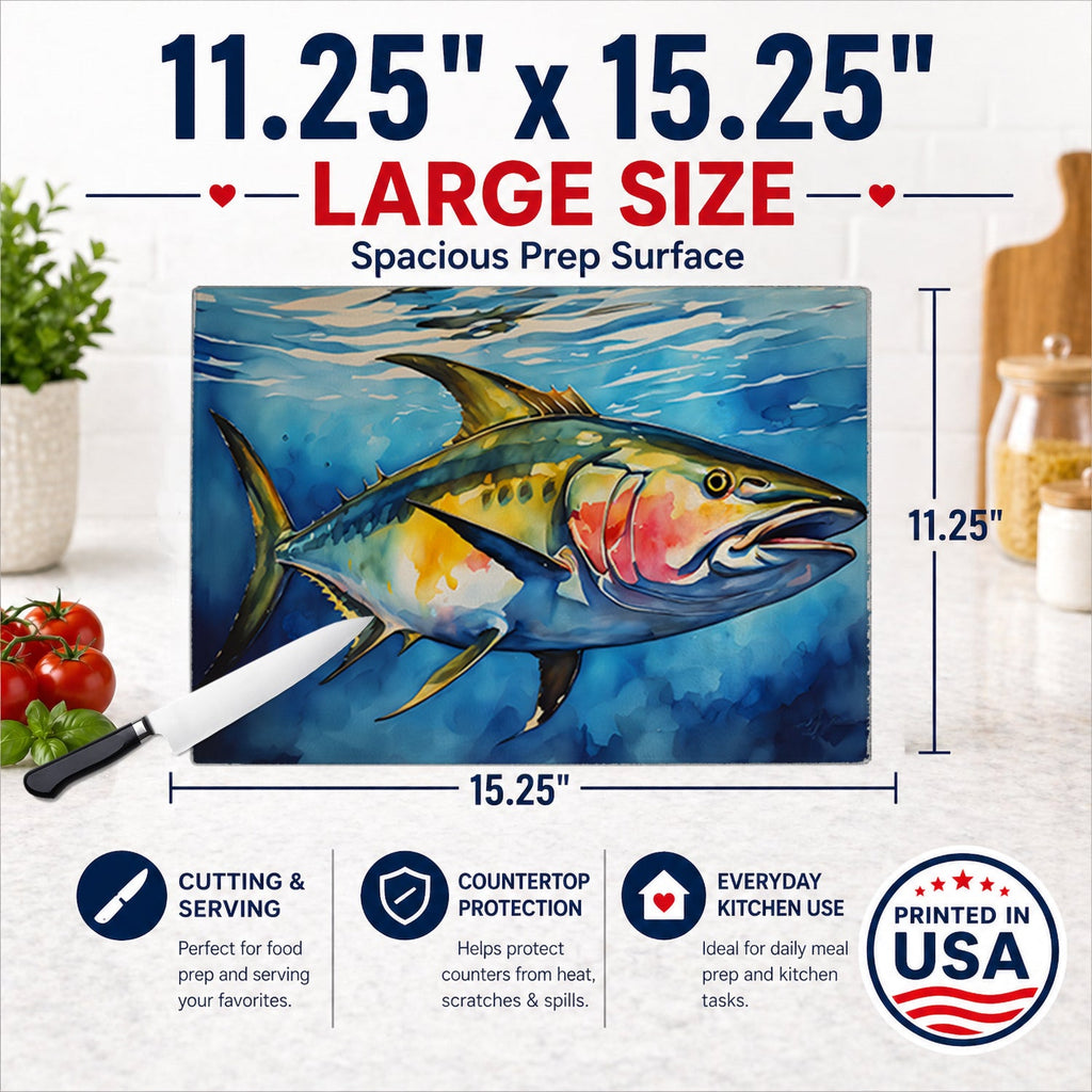 Yellowfin Tuna Cutting Board Tempered Glass Kitchen Cutting Surface, Heat Resistant Chopping, Non-Slip Feet, Food Prep & Serving