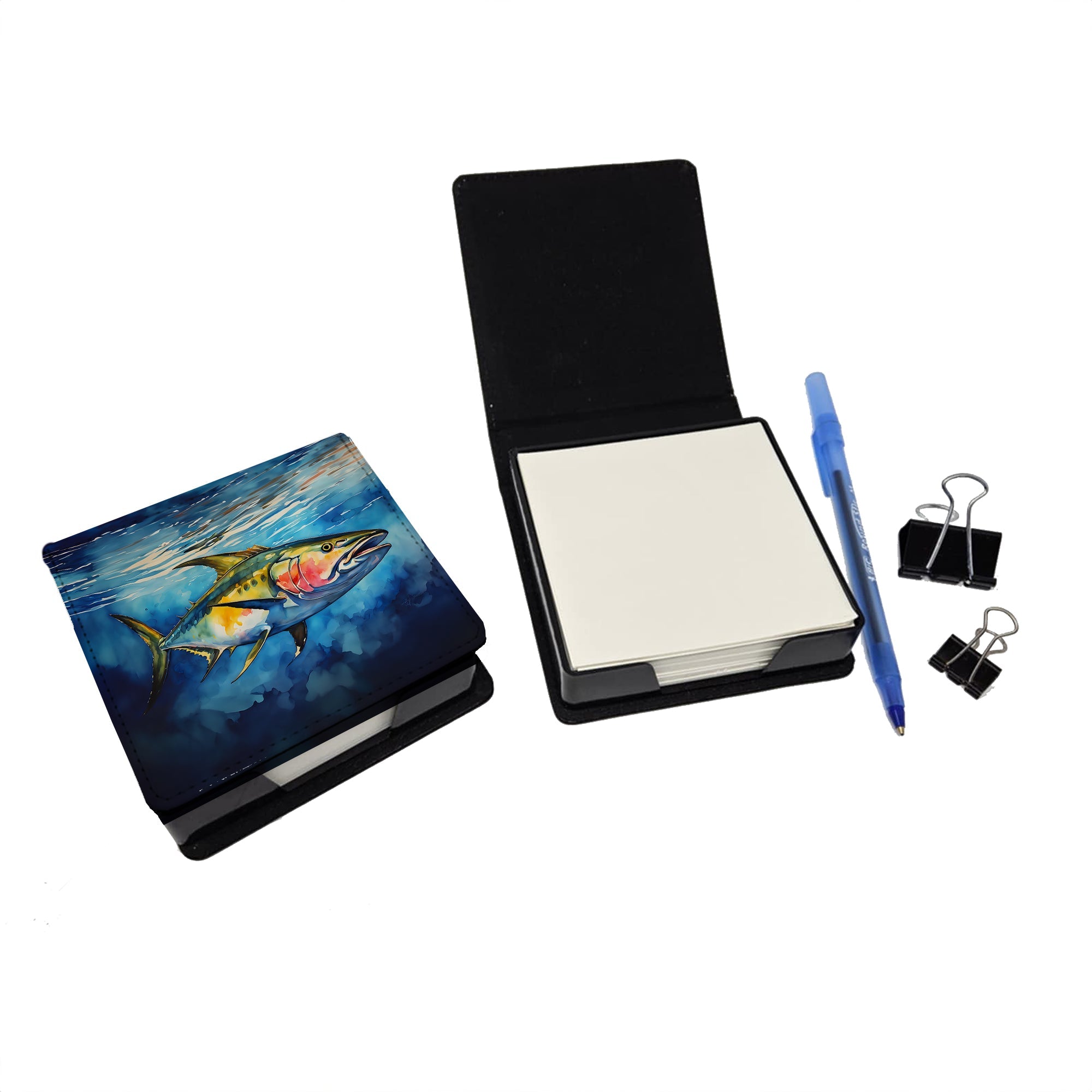 Yellowfin Tuna PU Leather Note Paper Holder with Artist-Designed Cover, Desk Accessory, Office Gift