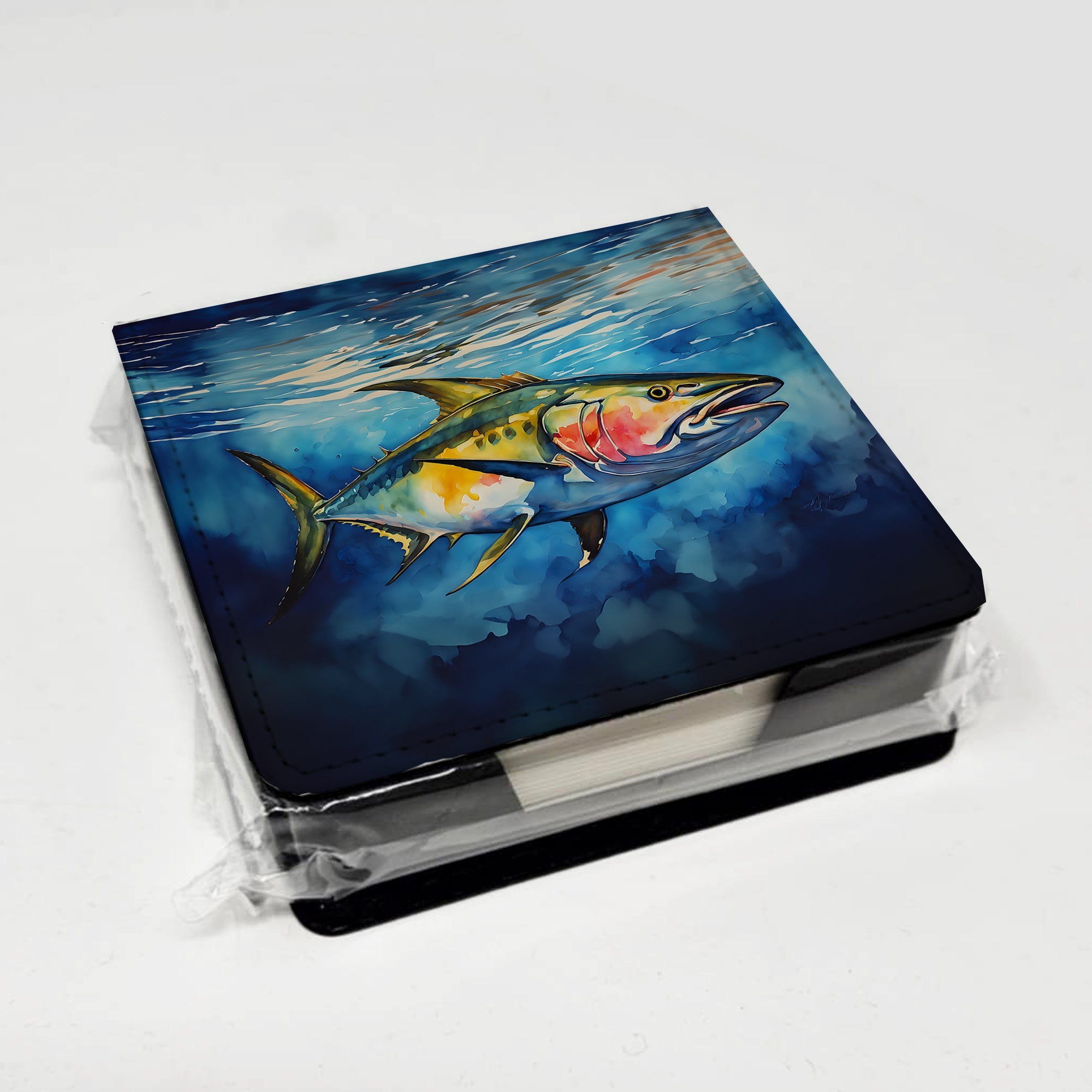 Yellowfin Tuna PU Leather Note Paper Holder with Artist-Designed Cover, Desk Accessory, Office Gift