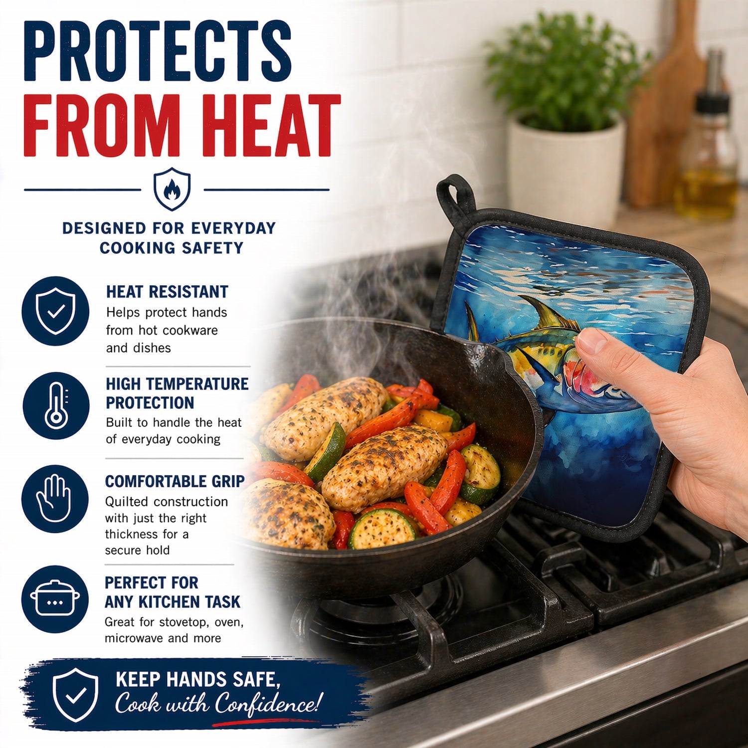 Yellowfin Tuna Pot Holder Set of 2 Heat Resistant Quilted Hot Pads 7.5 x 7.5 Inch, Insulated Kitchen Trivets for Cooking & Baking