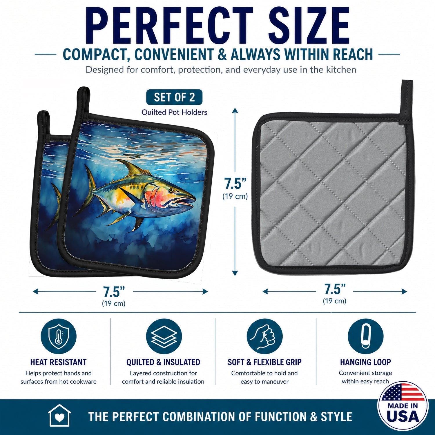Yellowfin Tuna Pot Holder Set of 2 Heat Resistant Quilted Hot Pads 7.5 x 7.5 Inch, Insulated Kitchen Trivets for Cooking & Baking