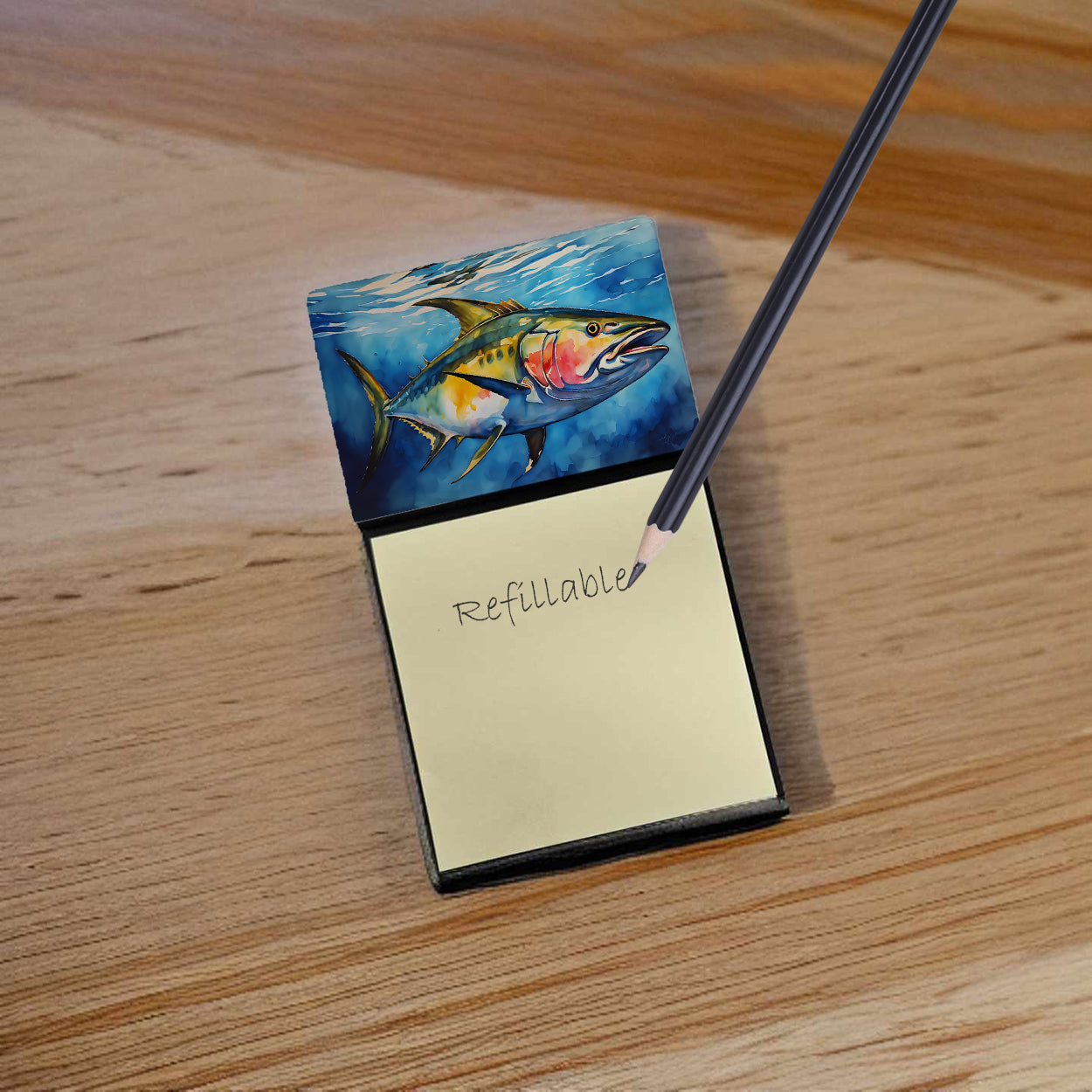 Yellowfin Tuna Watercolor Sticky Note Holder Refillable Dispenser Desk Accessory 3x3 Pad Gift