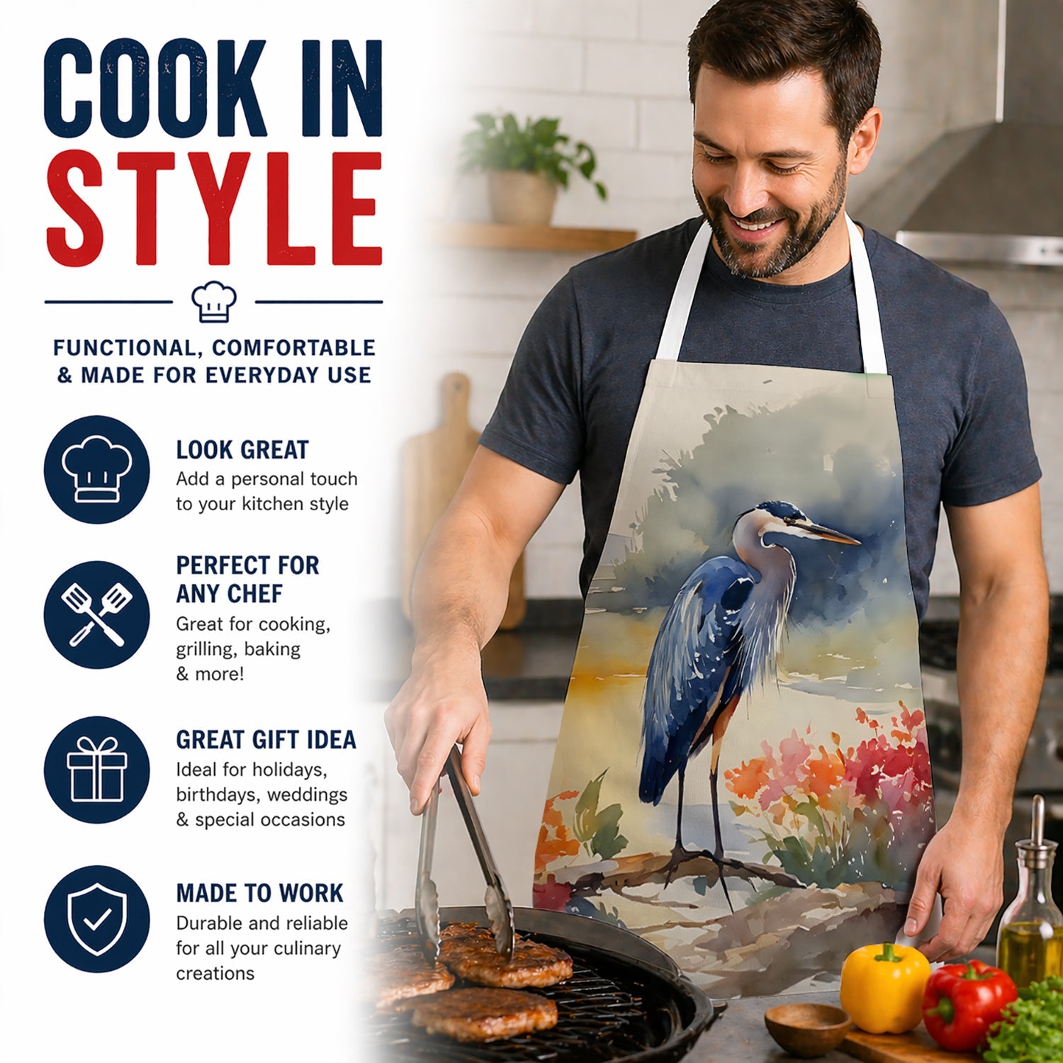 Blue Heron Apron Cooking Kitchen Server Baking Crafts Gardening for Adult Women Men, Unisex, Large, Multicolor
