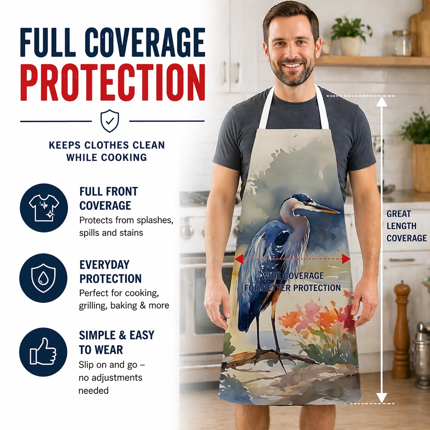 Blue Heron Apron Cooking Kitchen Server Baking Crafts Gardening for Adult Women Men, Unisex, Large, Multicolor