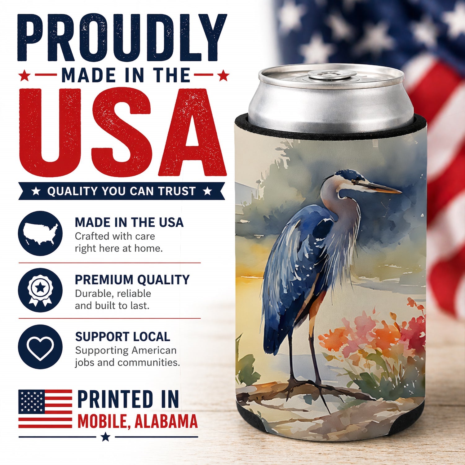 Blue Heron Can or Bottle Hugger Cooler Sleeve for Standard 12 oz Cans, Insulated Foam Beer & Soda Can Hugger Reusable