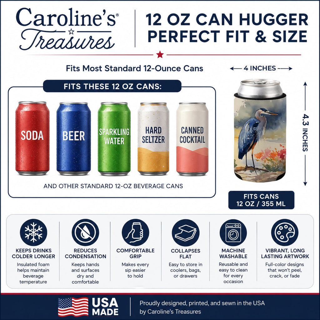Blue Heron Can or Bottle Hugger Cooler Sleeve for Standard 12 oz Cans, Insulated Foam Beer & Soda Can Hugger Reusable