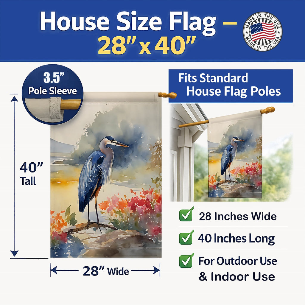 Blue Heron House Flag 28x40 Porch Sleeve Pole Decorative Outside Yard Banner Artwork Wall Hanging, Polyester