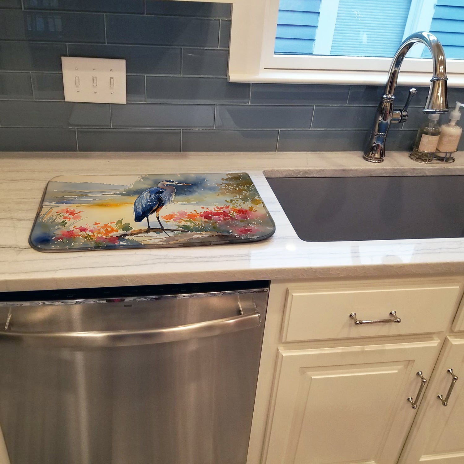 Blue Heron Dish Drying Mat Absorbent Dish Drying Mat Pad for Kitchen Counter Dish Drainer Mat for Countertop, 14 x 21", Multicolor
