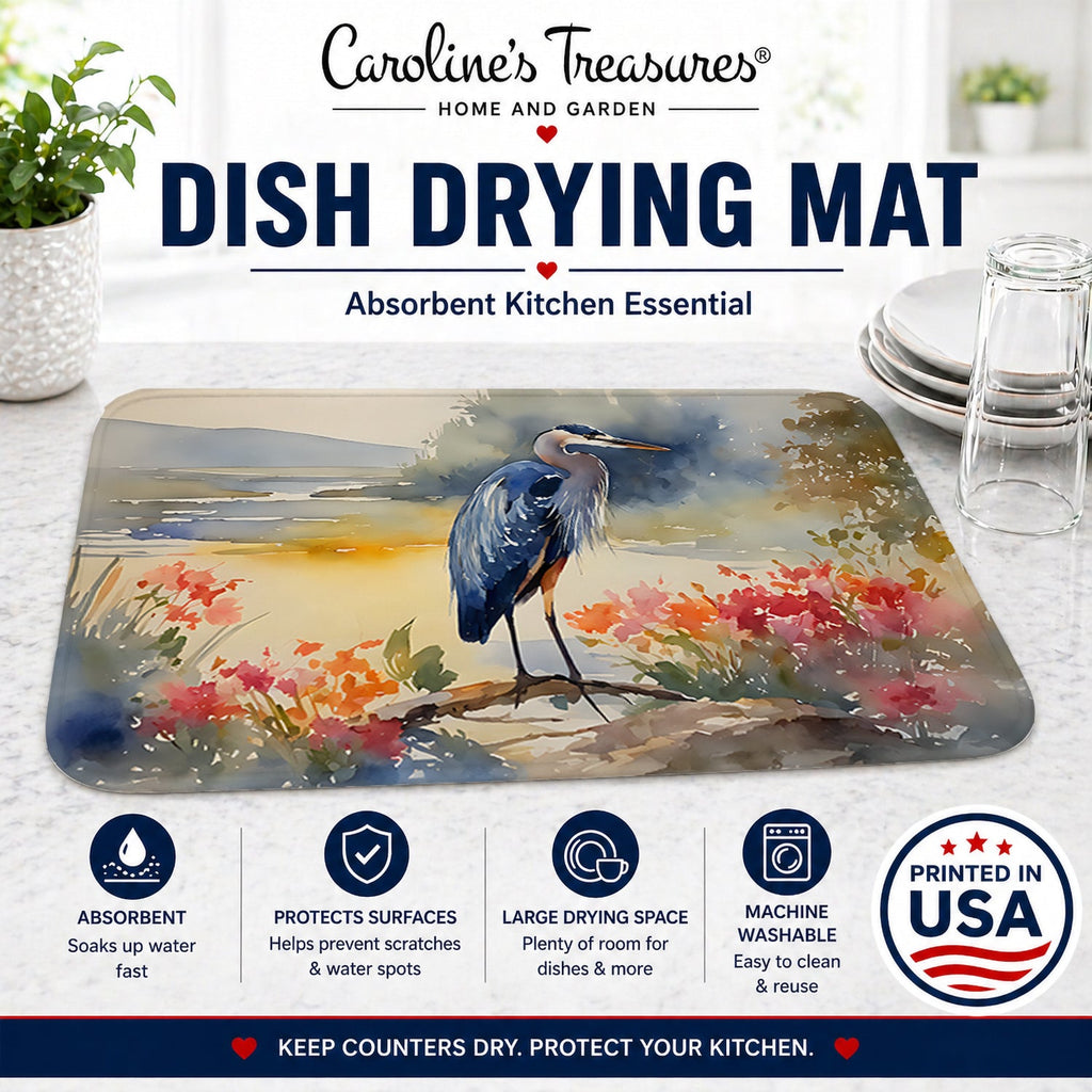 Blue Heron Dish Drying Mat Absorbent Dish Drying Mat Pad for Kitchen Counter Dish Drainer Mat for Countertop, 14 x 21", Multicolor