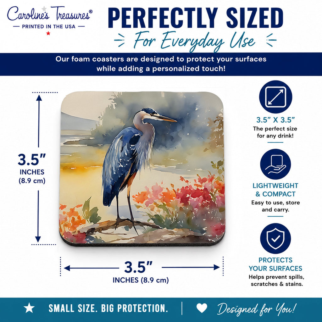 Blue Heron Foam Coasters Set of 4 Cup Coasters for Indoor Outdoor, Tabletop Protection, Anti Slip, Mouse pad Material