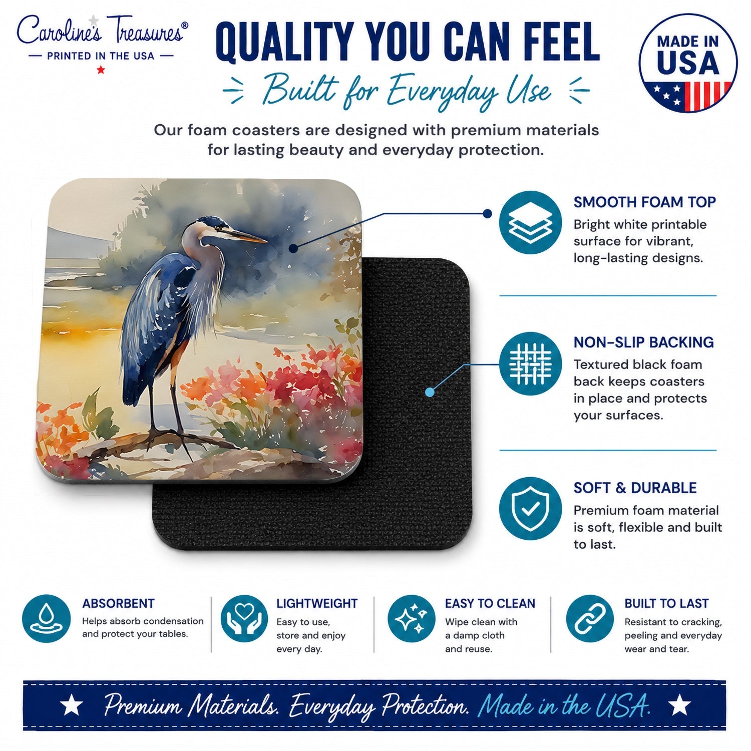 Blue Heron Foam Coasters Set of 4 Cup Coasters for Indoor Outdoor, Tabletop Protection, Anti Slip, Mouse pad Material