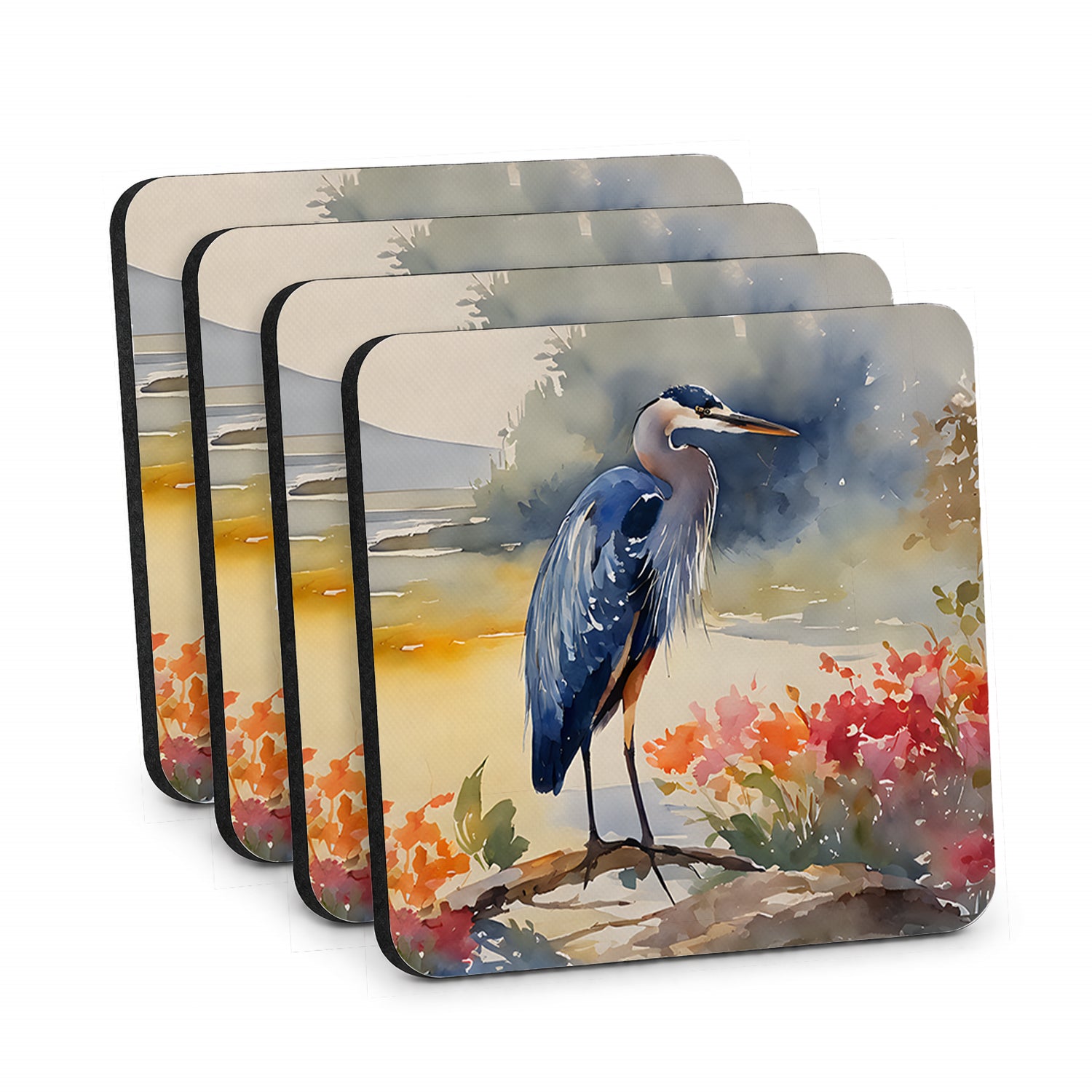 Blue Heron Foam Coasters Set of 4 Cup Coasters for Indoor Outdoor, Tabletop Protection, Anti Slip, Mouse pad Material
