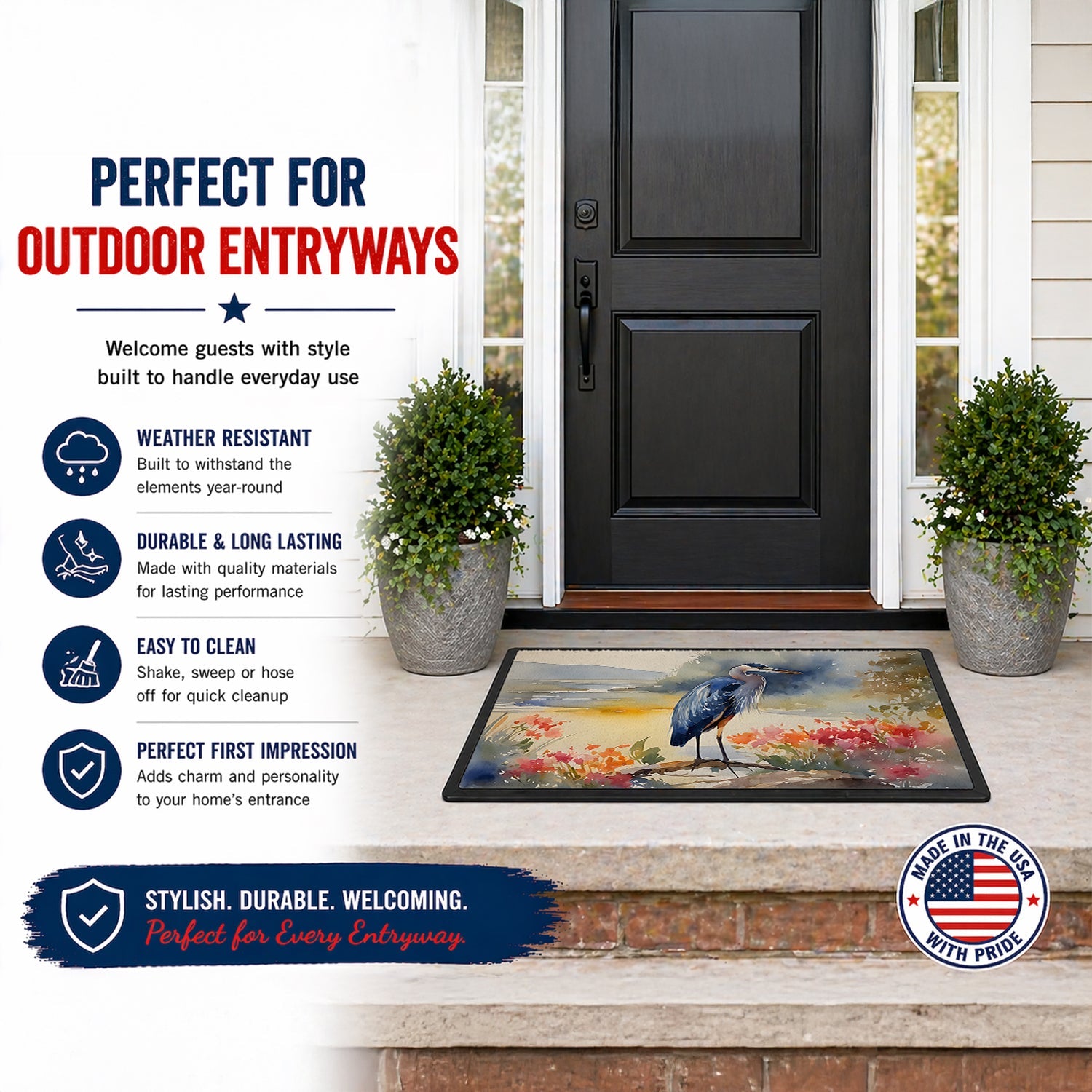 Blue Heron Doormat Indoor Outdoor 24H X 36W Front Door Mat Rugs for Entryway, Non Slip Washable Low Pile,