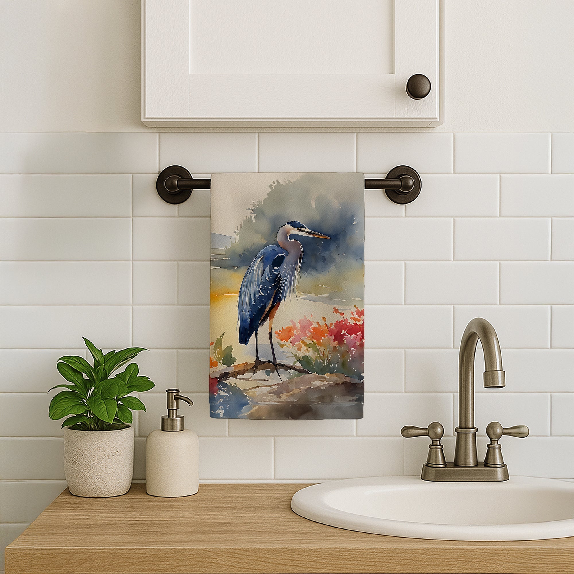 Blue Heron Kitchen Towel Velour Plush Front and Cotton Loop Back Machine Washable